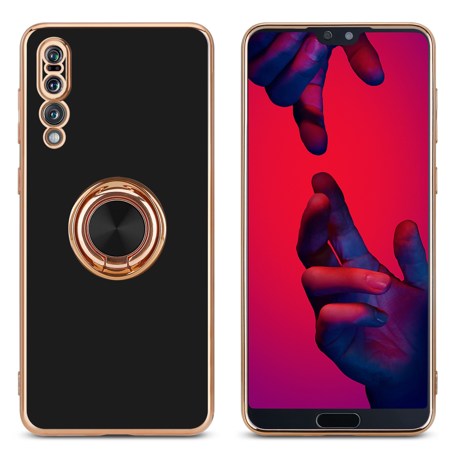 Zwei Telefone mit schwarzen Rückseiten und goldenen Rahmen. Eines hat einen Ringständer, das andere Hände.