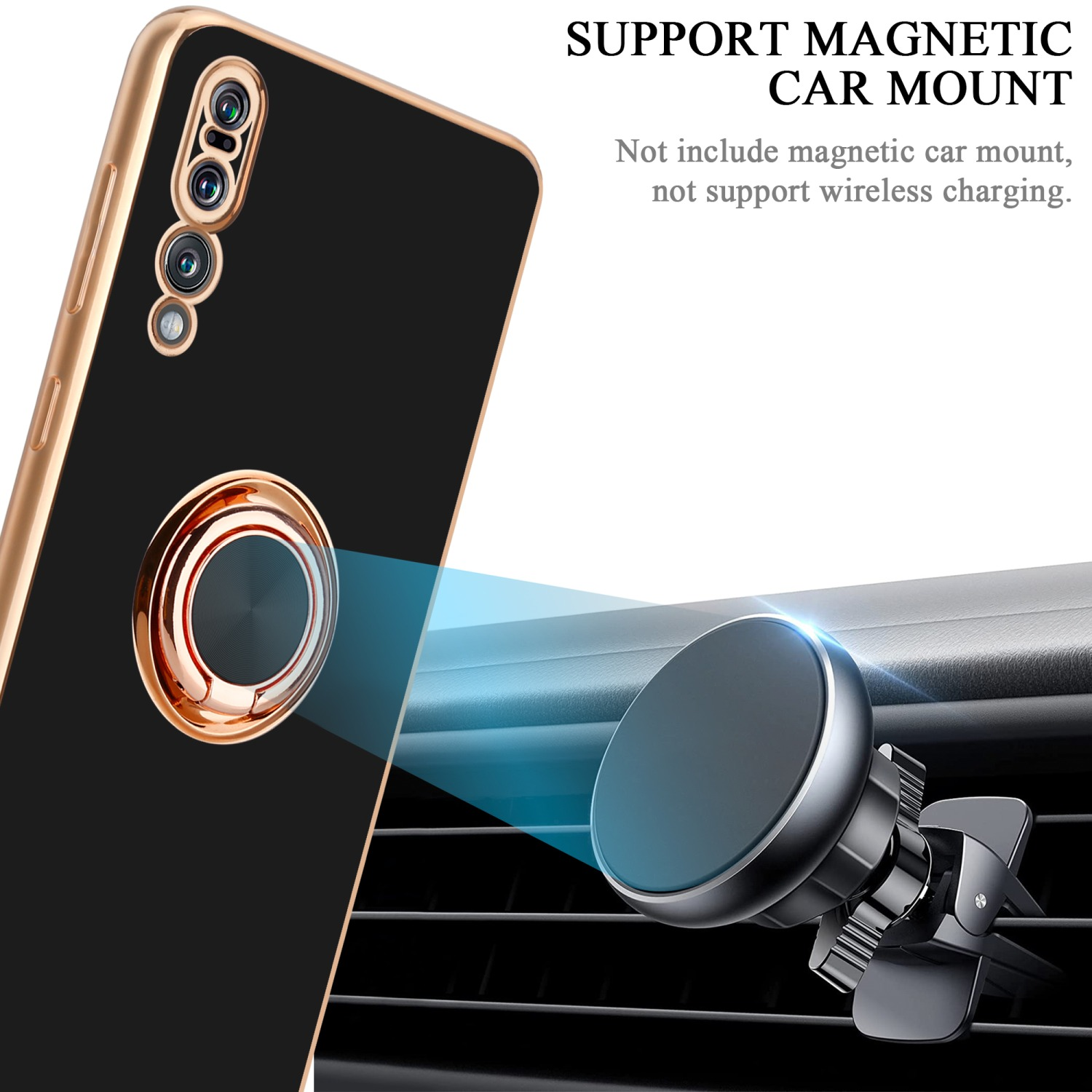 Schwarze Handyhülle mit goldenem Ring und silberner Autohalterung. Text: Magnetische Autohalterung unterstützen.