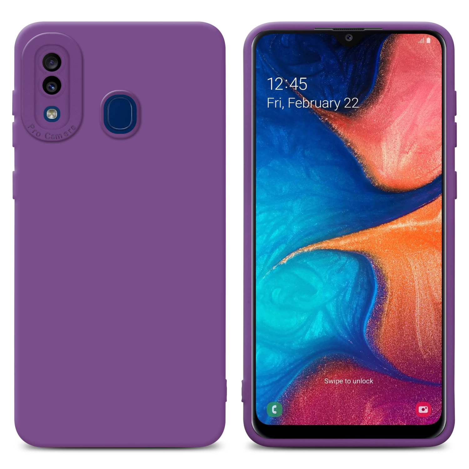 Una custodia per telefono viola con un telefono, che mostra la parte posteriore e anteriore.