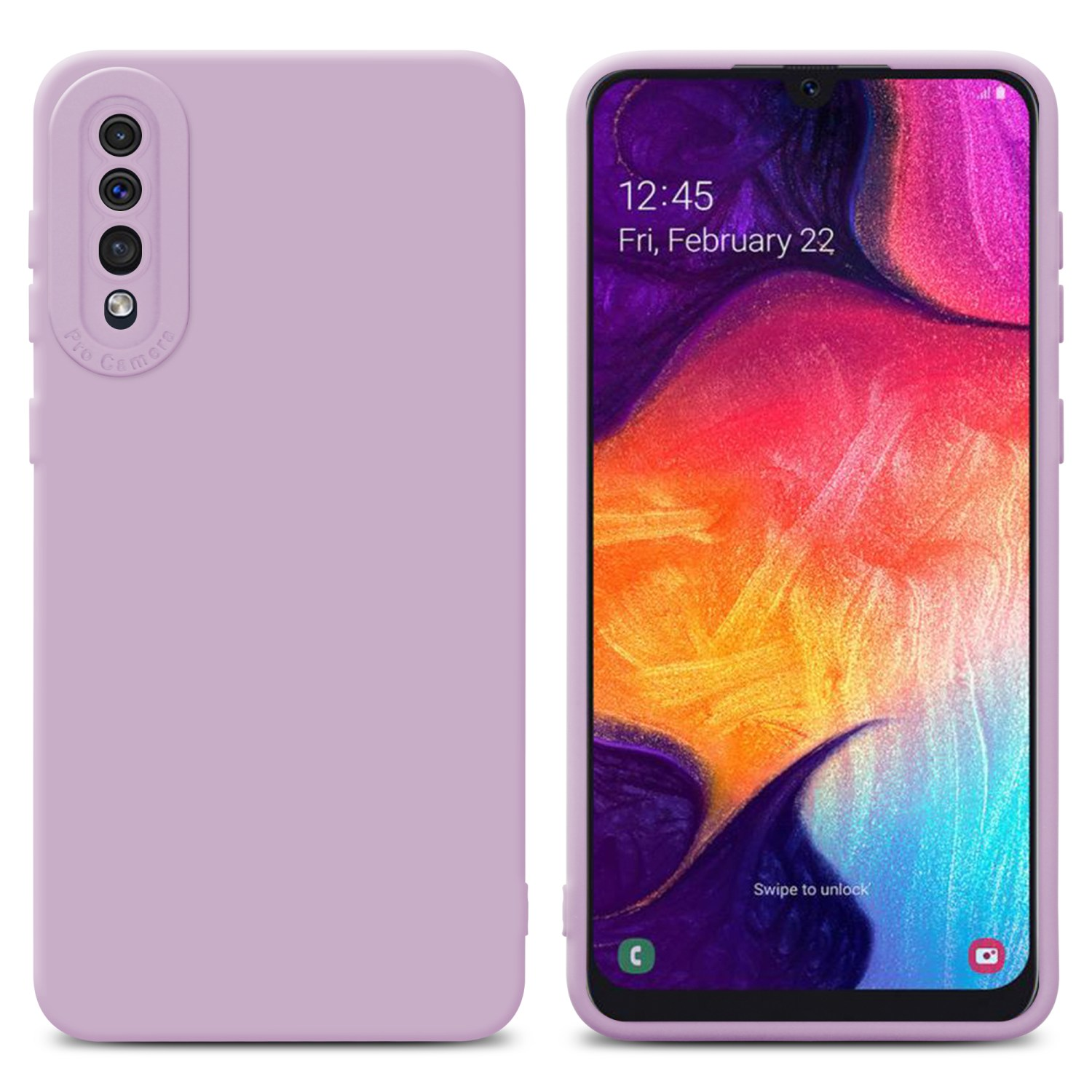 Zwei Telefone, eines mit Hülle, zeigen Bildschirm. Weißer Hintergrund. Lavendelfarbenes Gehäuse und Telefon.