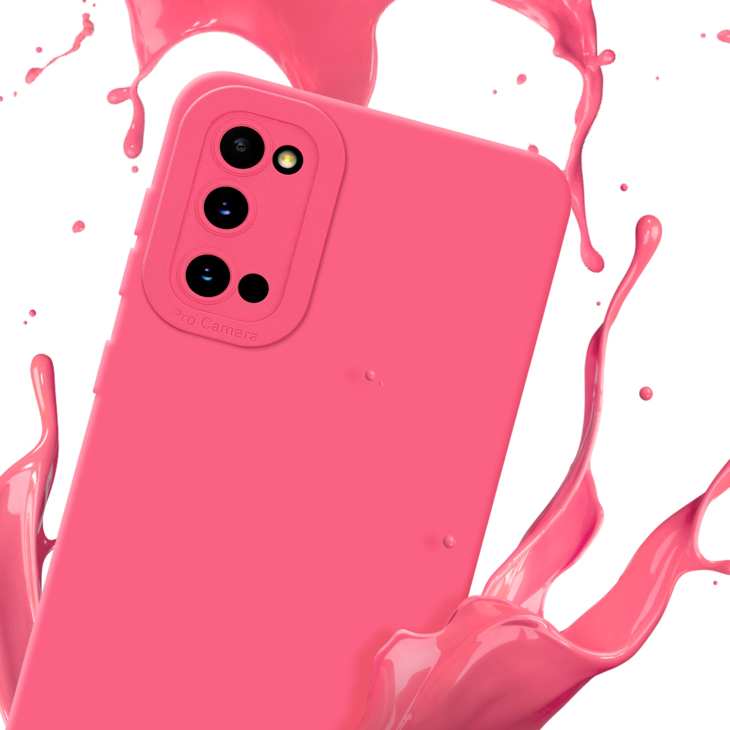 Coque de téléphone rose avec bosse de caméra. Éclaboussures de liquide rose sur fond blanc.