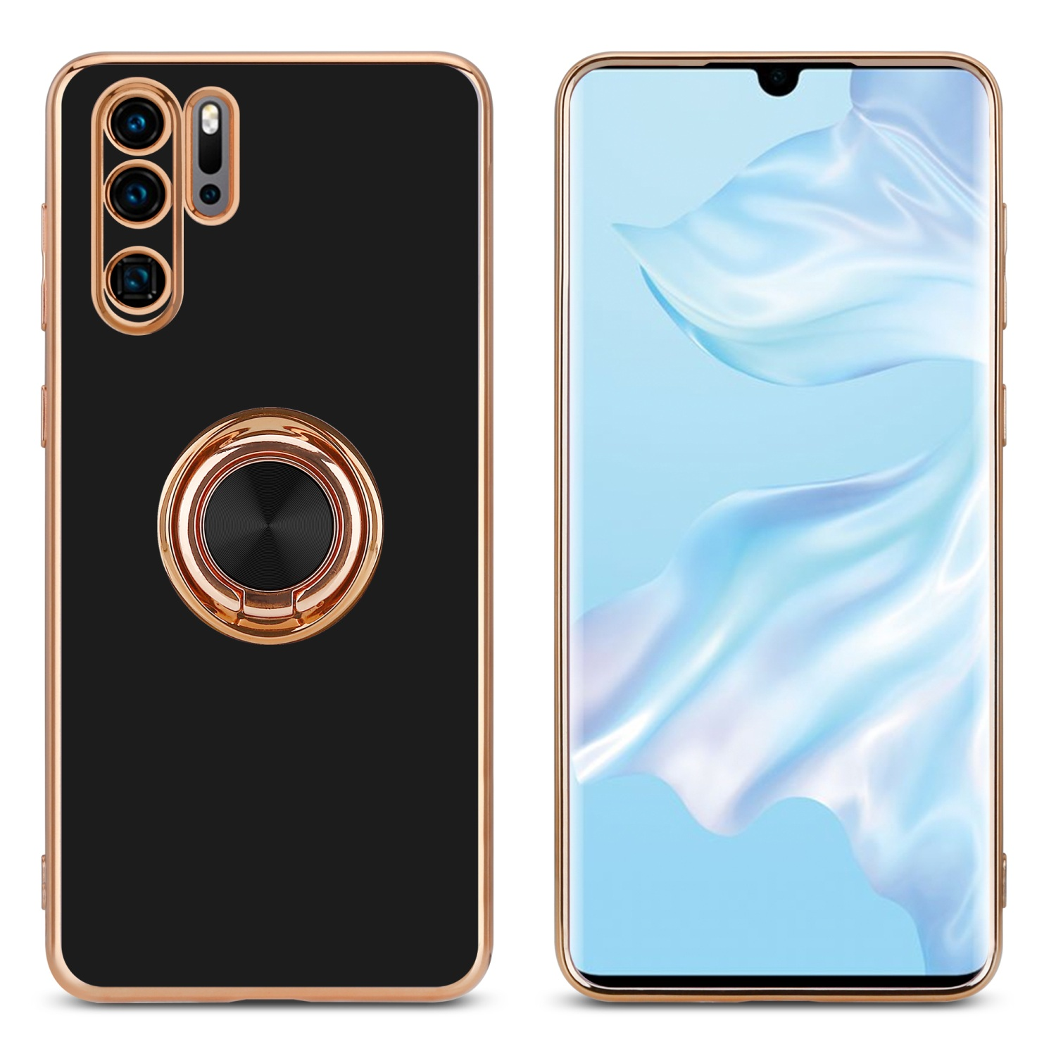 Coque noire avec support de bague, cadre doré, avec écran de téléphone.