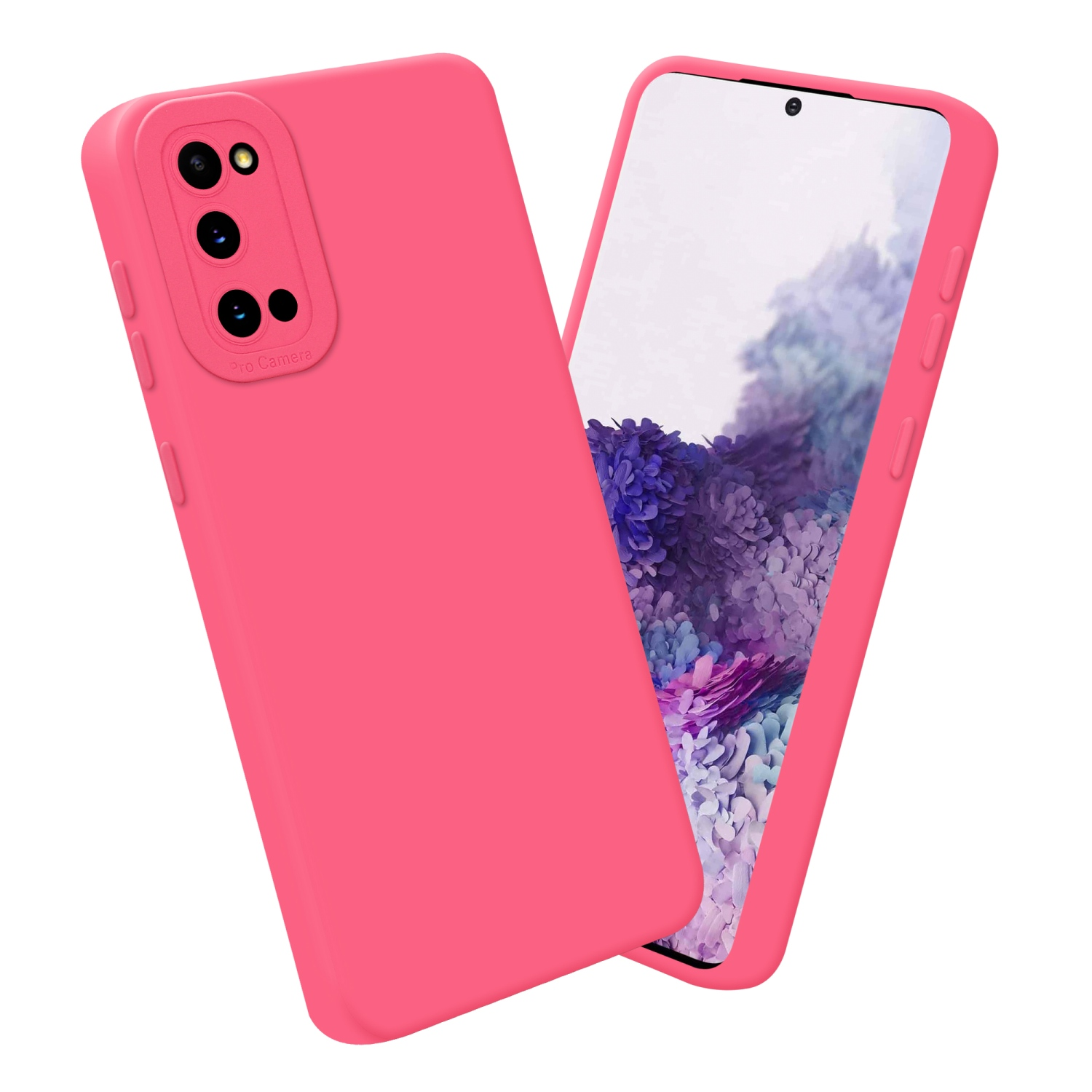 Coque de téléphone rose avec un écran de téléphone affichant un fond violet. Fond blanc et éclaboussures roses.