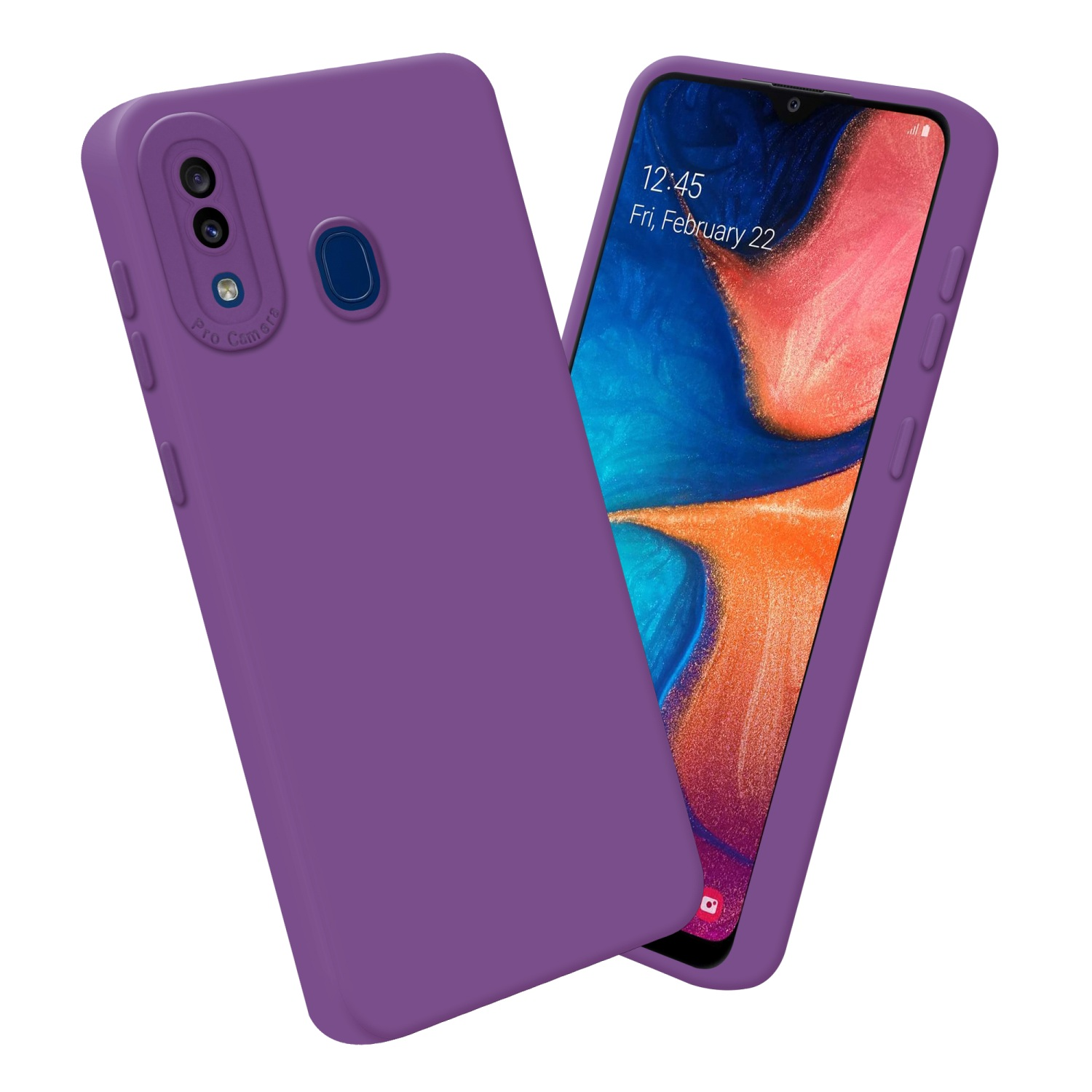 Una custodia viola per telefono con un telefono all'interno, angolata. Lo schermo mostra l'ora e la data.