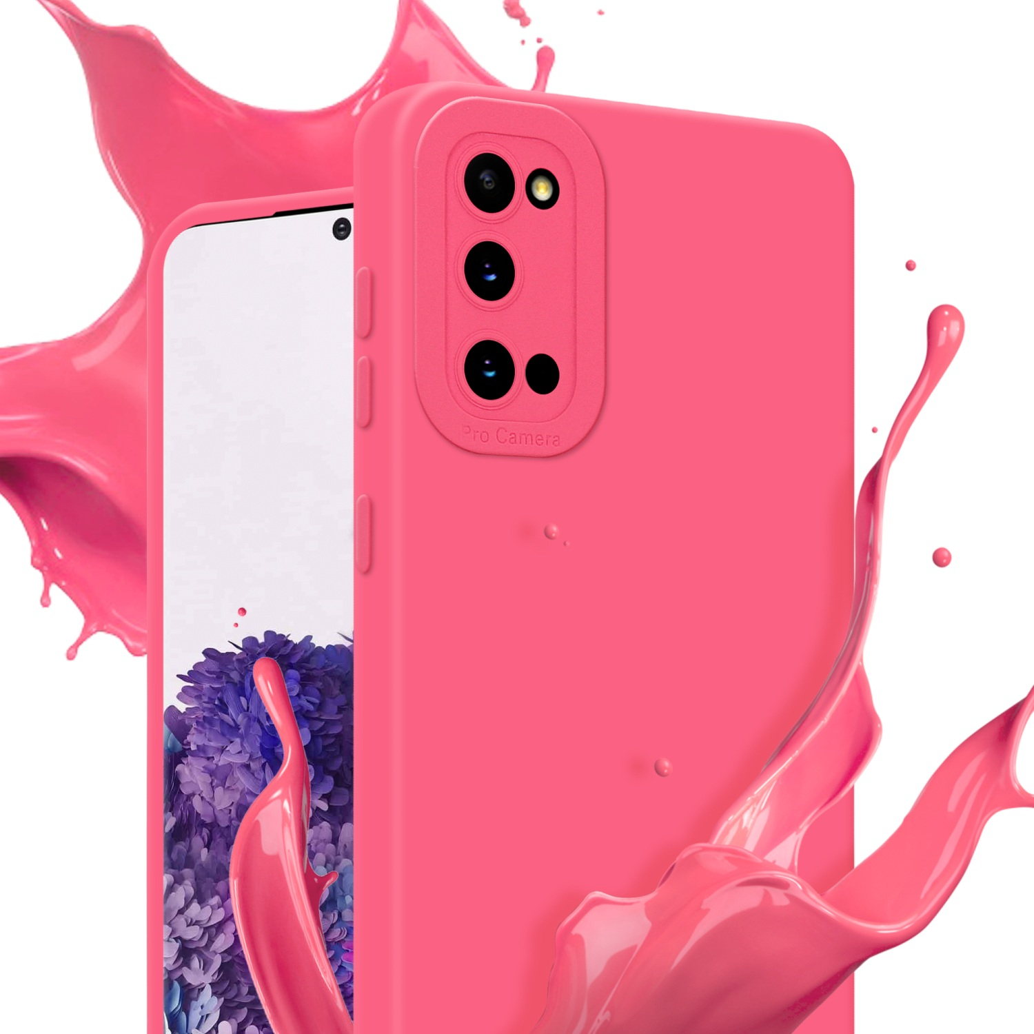 Coque de téléphone rose avec téléphone, éclaboussures de liquide rose. Fond blanc.