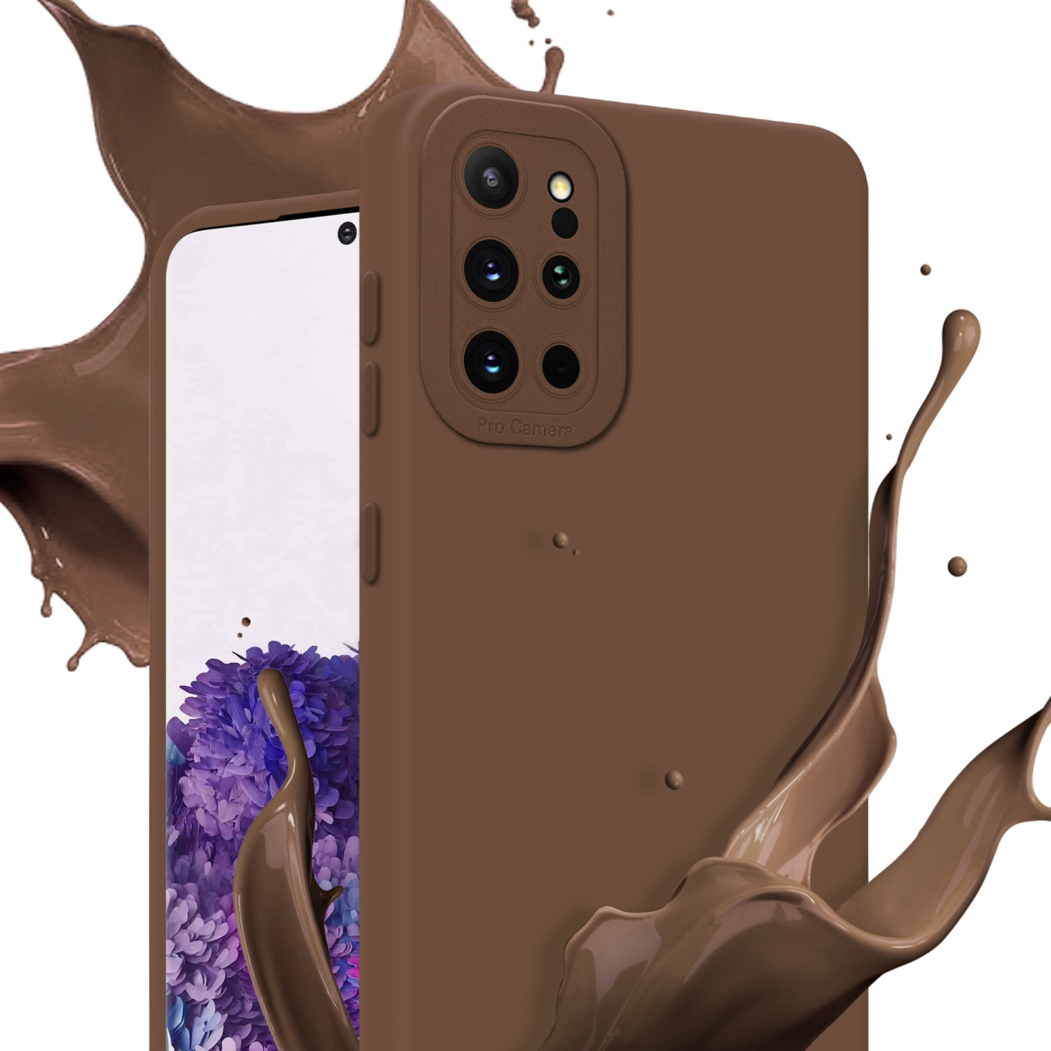 Custodia marrone per telefono con schizzo di vernice. Telefono con fiori sullo schermo. Sfondo bianco.