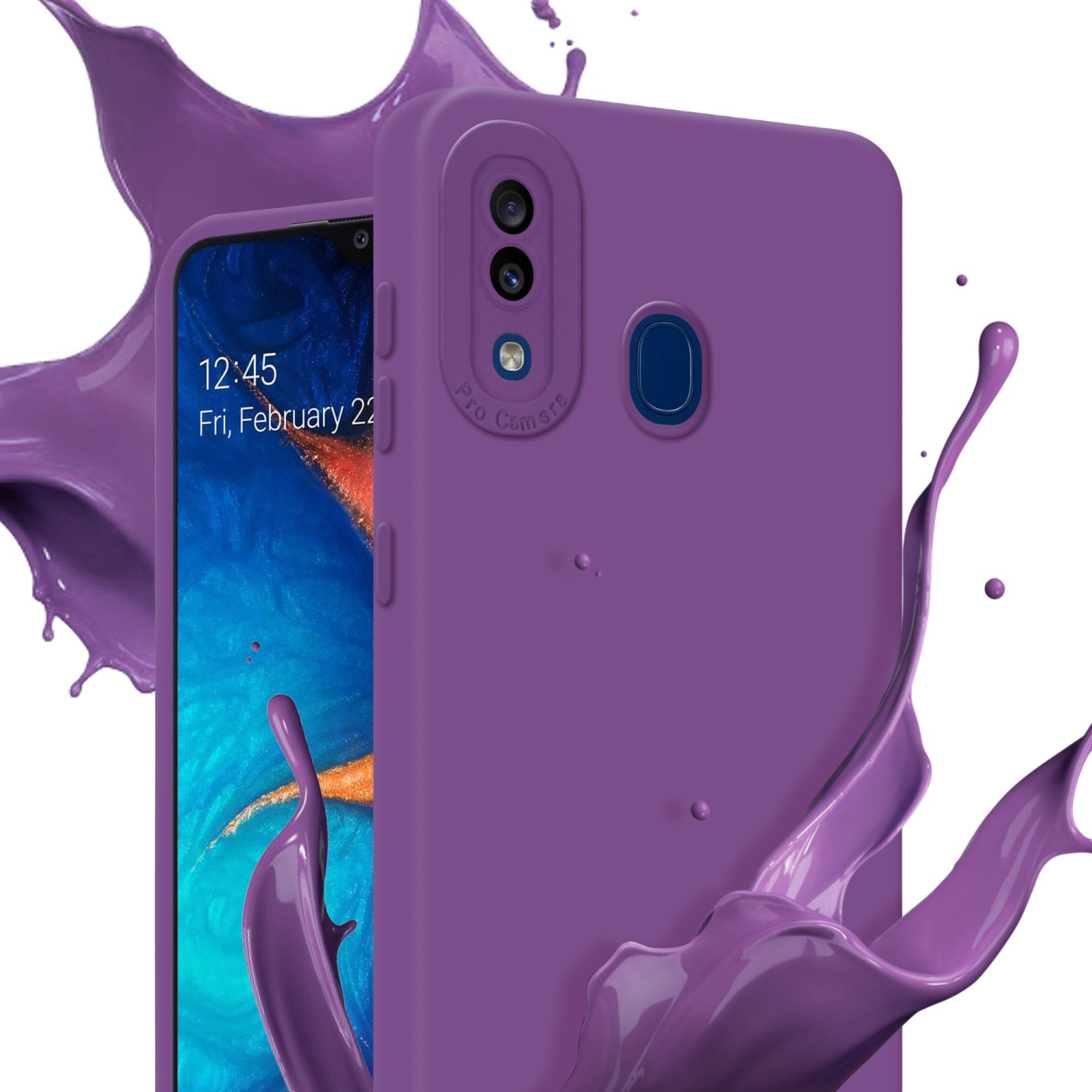 Custodia per telefono viola con schizzo di vernice viola. Sfondo bianco.