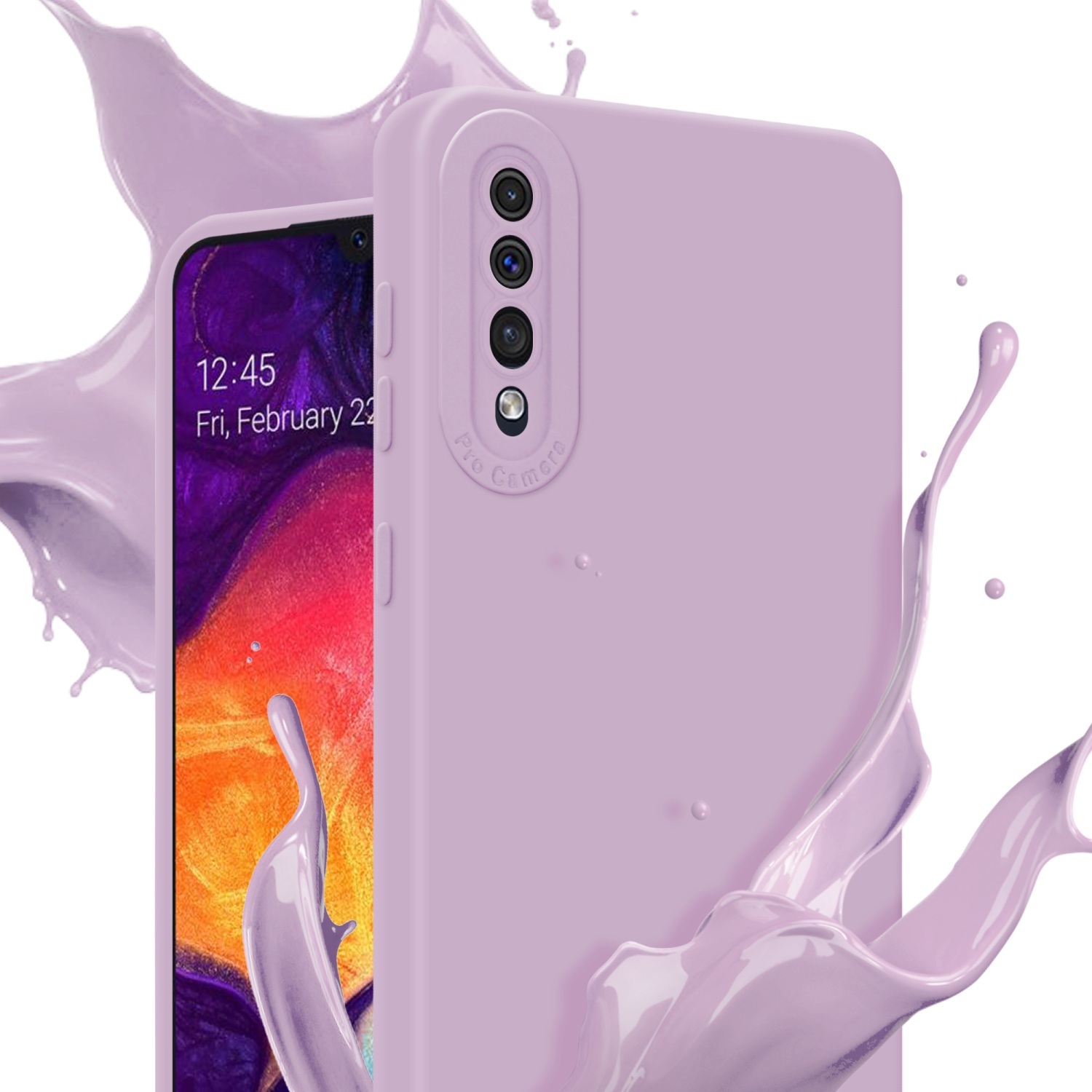 Lilafarbene Handyhülle auf einem Telefon mit einem Spritzer lila Flüssigkeit.