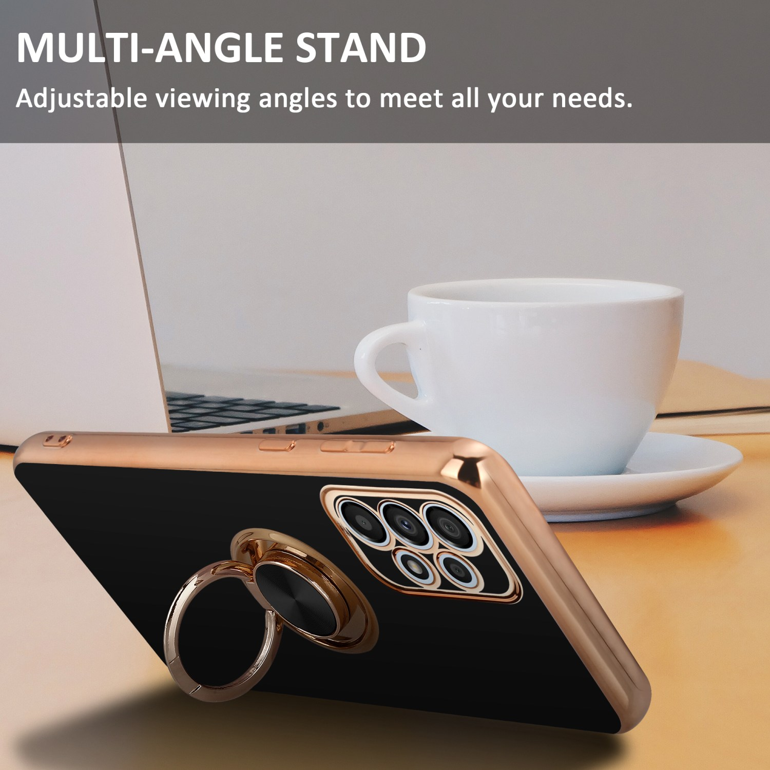 Custodia nera con supporto ad anello su tavolo di legno, tazza bianca e laptop sullo sfondo.