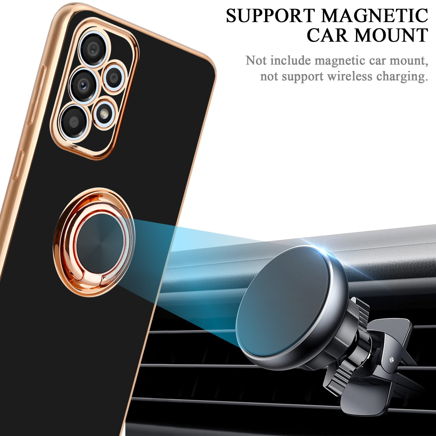Custodia nera con anello dorato e supporto auto. Testo: supporto magnetico per auto.