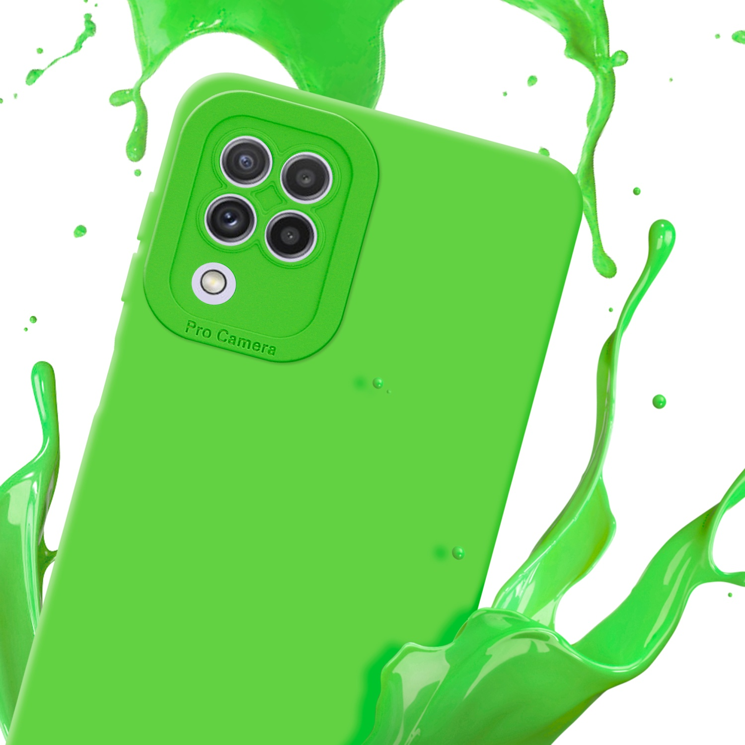 Custodia verde con schizzo di liquido. La custodia ha una protezione per la fotocamera. Sfondo bianco con schizzo verde.