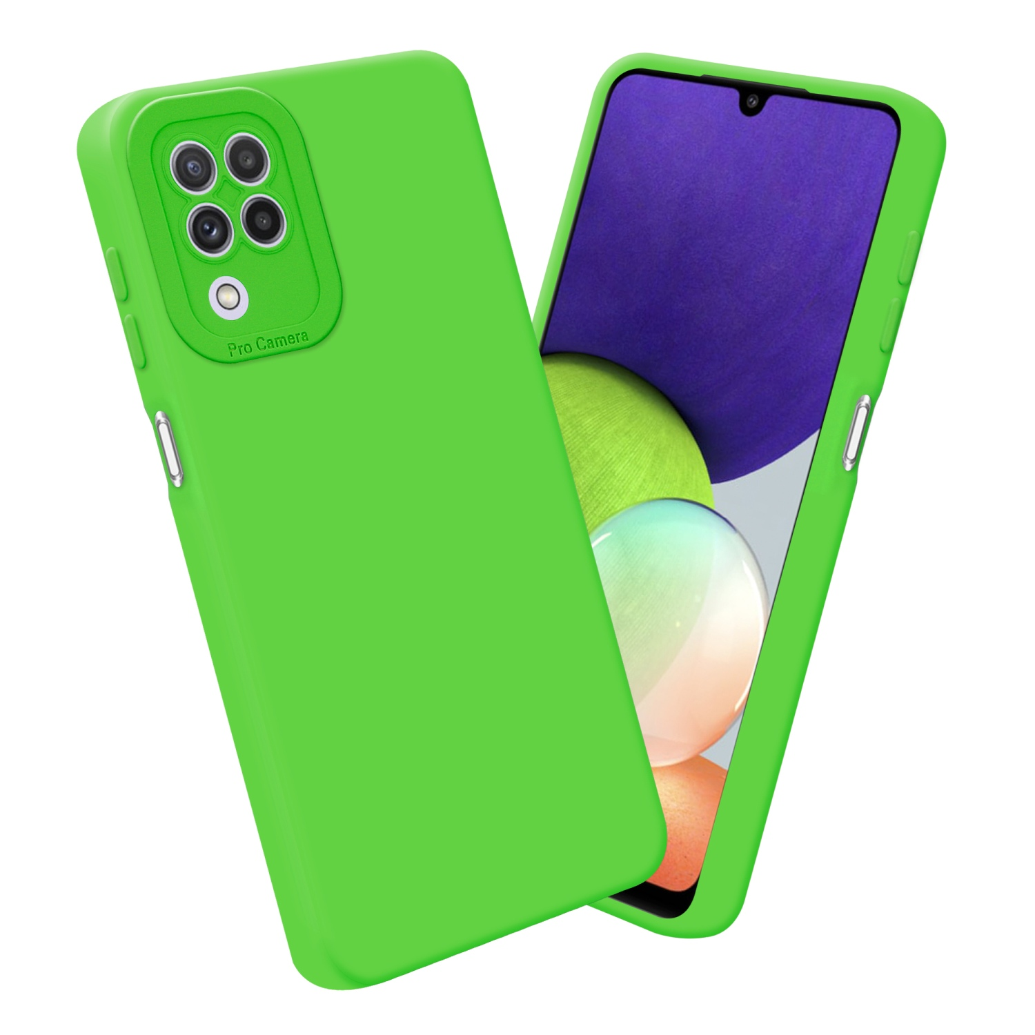 Custodia verde per telefono con telefono, fotocamera e schermo.