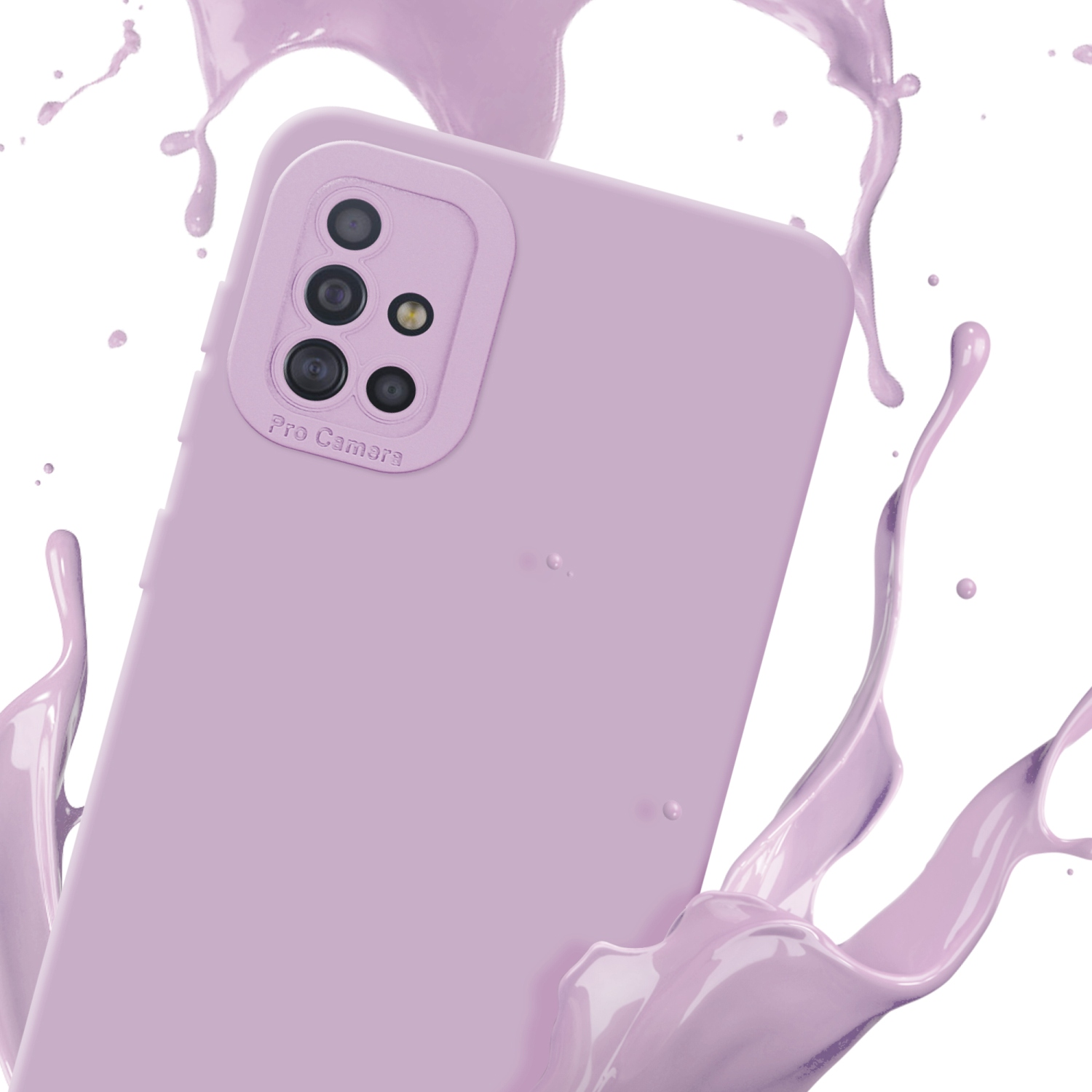 Gros plan d'une coque violette avec éclaboussure de peinture violette sur fond blanc.