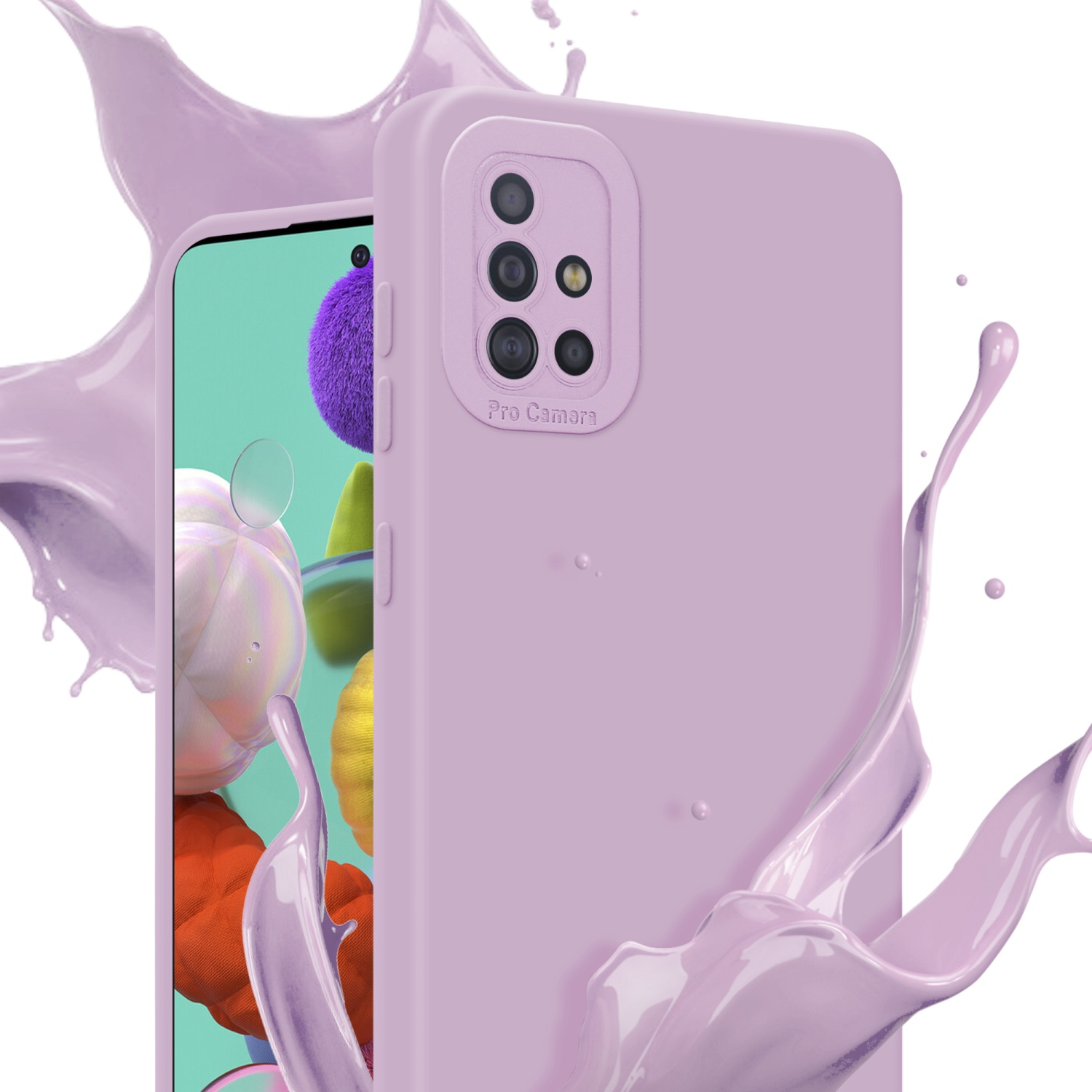 Une coque de téléphone violette avec des éclaboussures de peinture, avec un écran de téléphone à gauche.