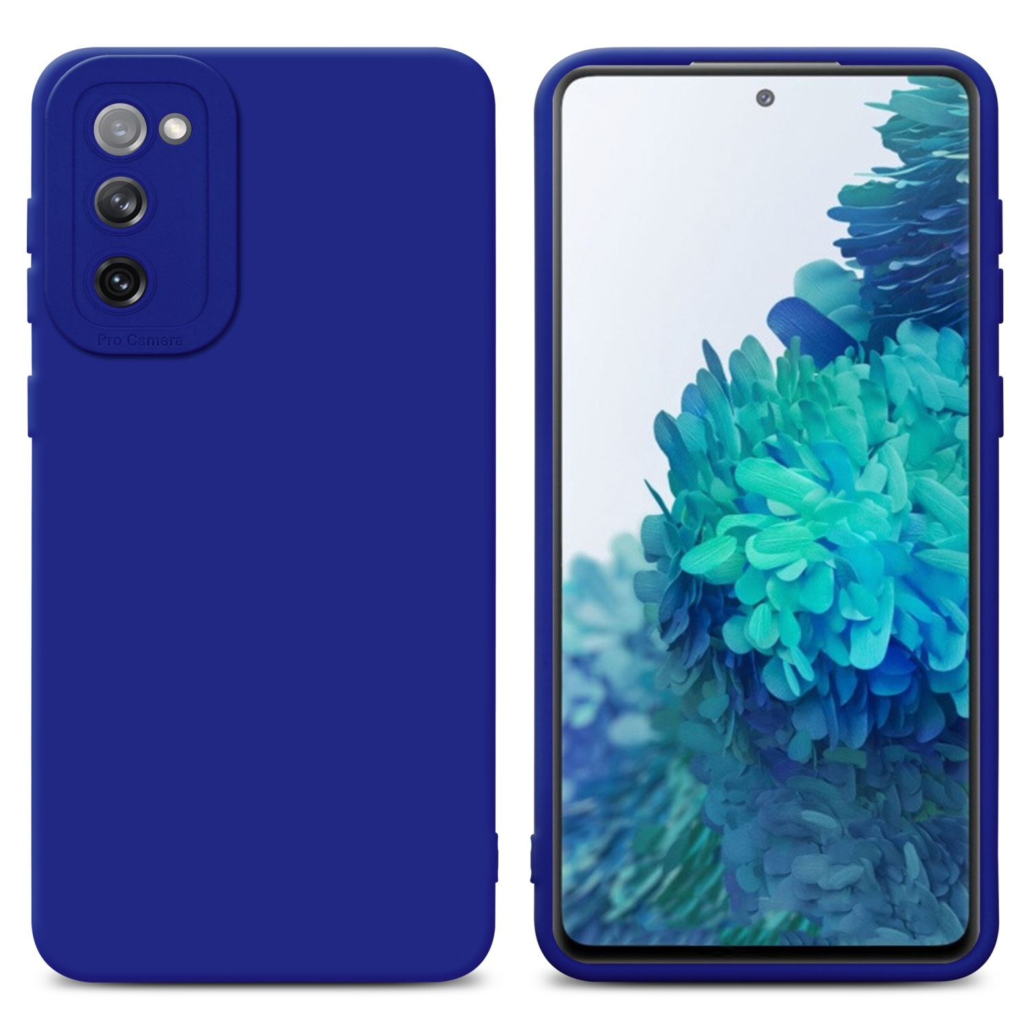 Custodia blu per telefono e telefono su sfondo bianco. Scritto Pro Camera sulla custodia.