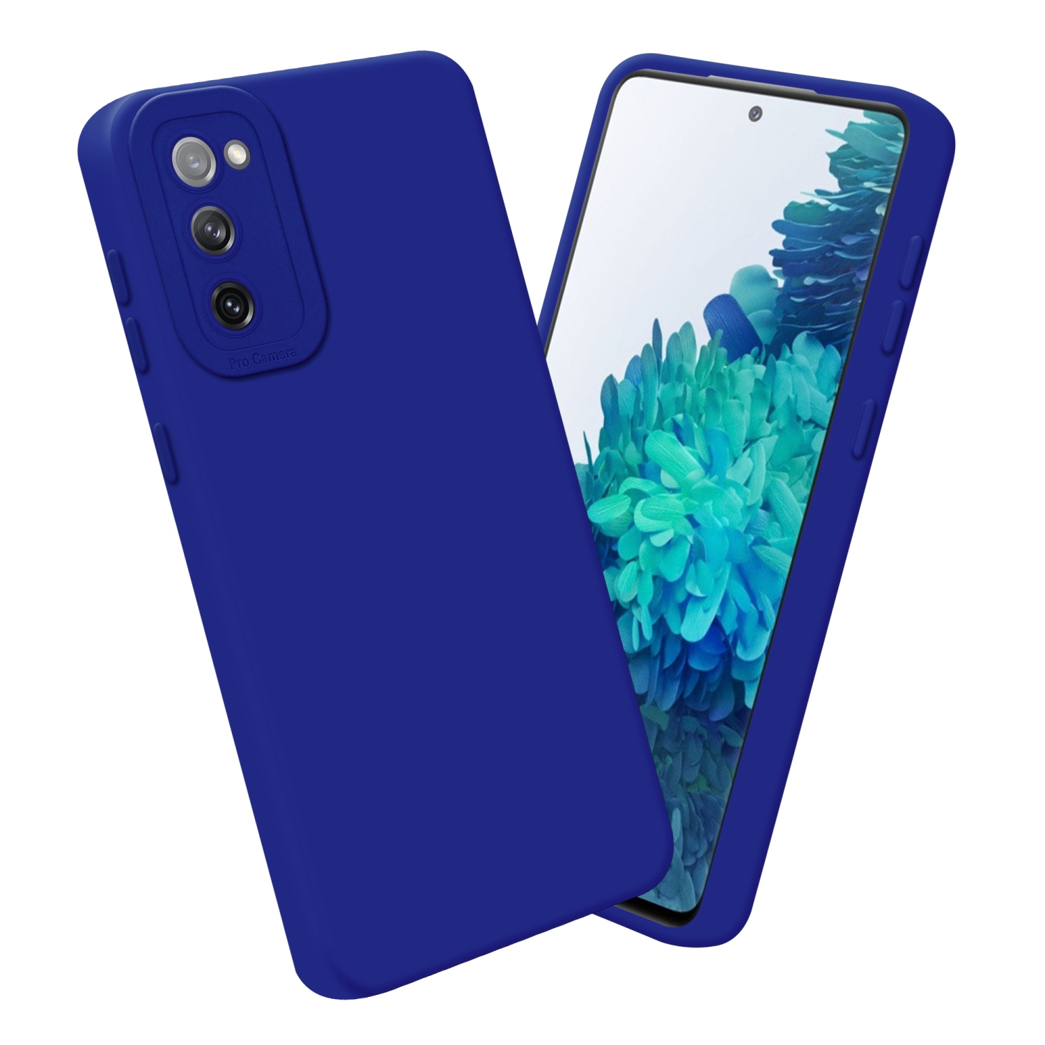 Custodia blu con un telefono all'interno. Lo schermo mostra un'immagine blu e bianca.