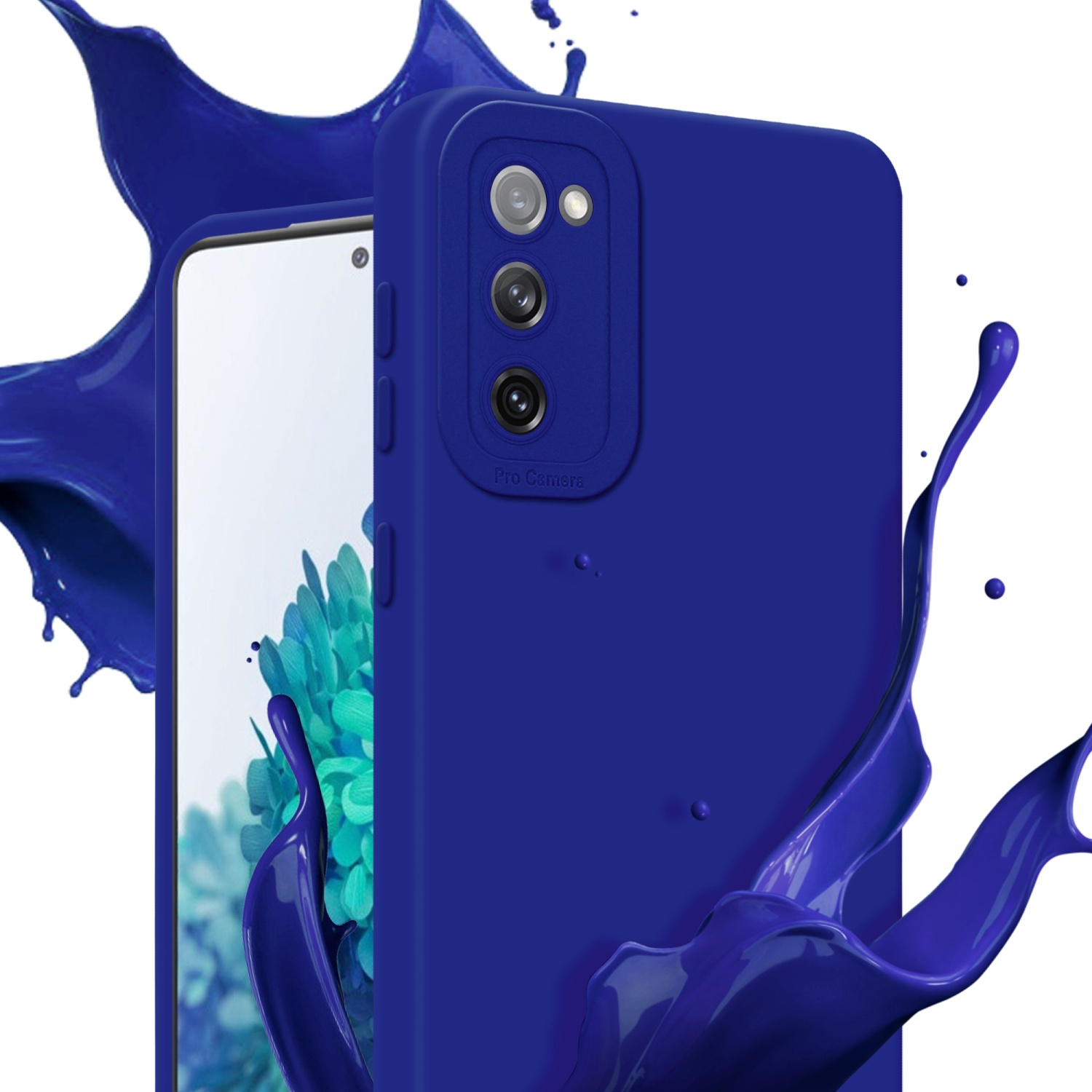 Custodia per telefono blu scuro con spruzzo di vernice blu. Pro Camera visibile. Sfondo bianco.
