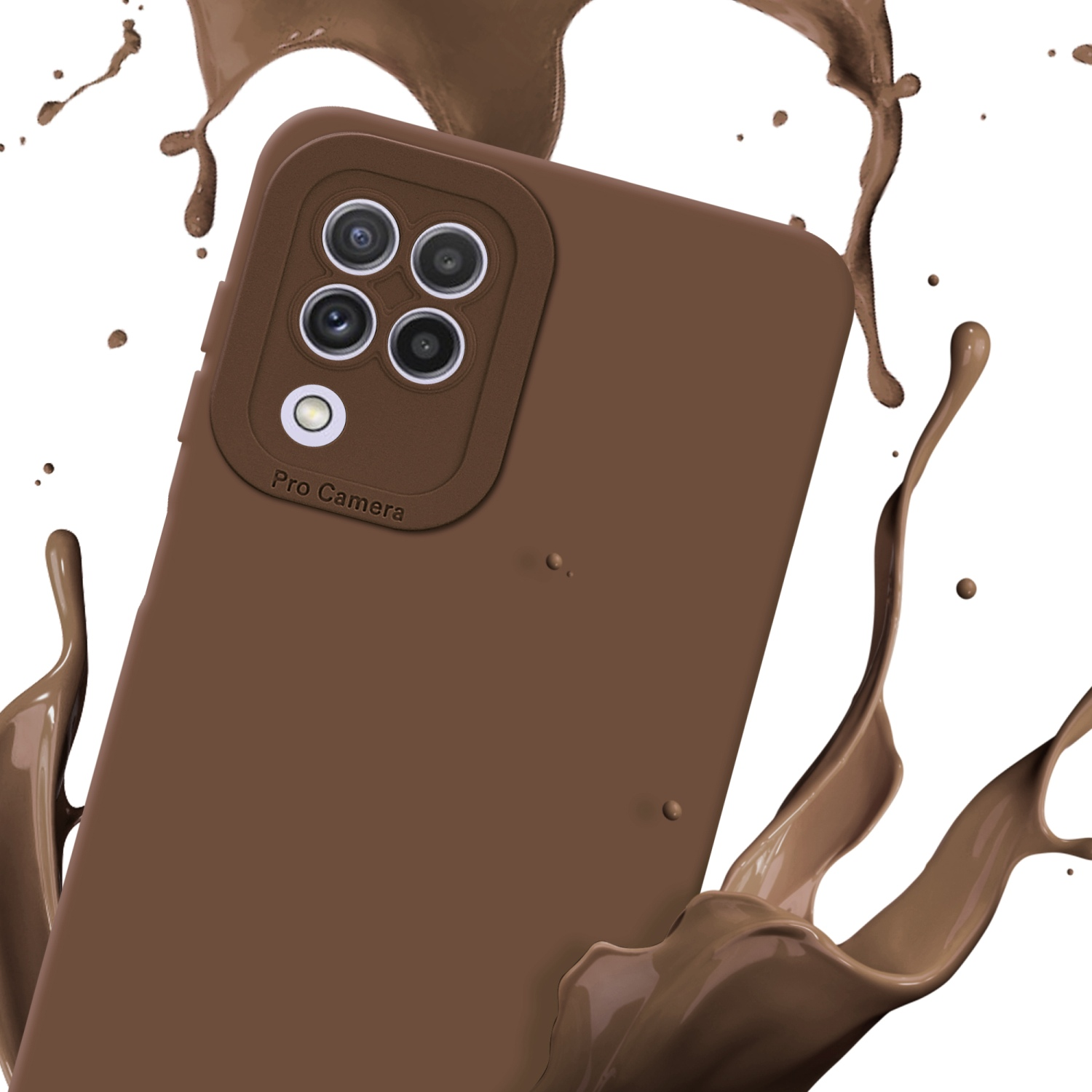 Una custodia marrone con schizzi di cioccolato, sfondo bianco.