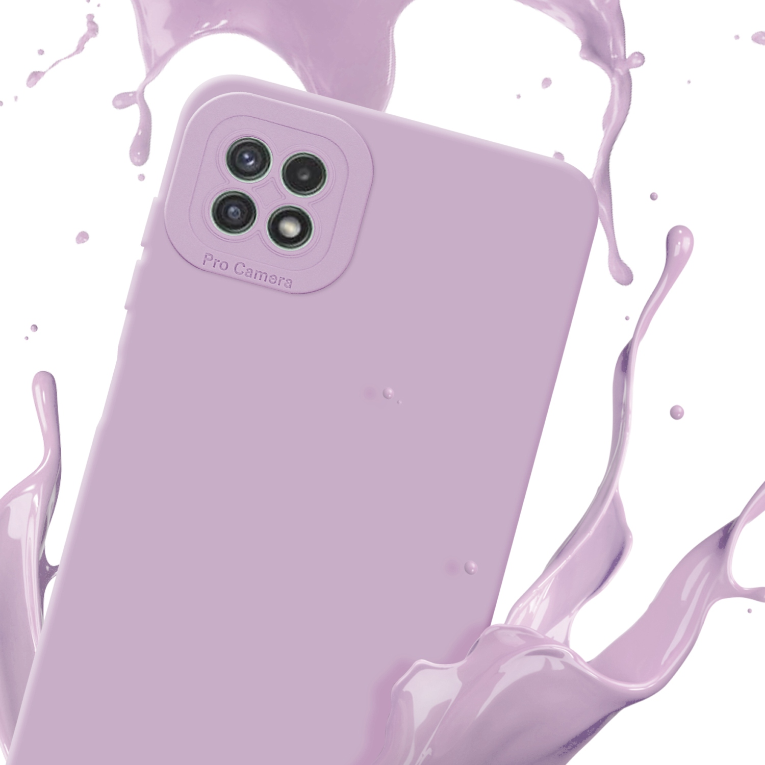 Coque de téléphone lilas avec éclaboussures de peinture violette, fond blanc. Écrit Pro camera.