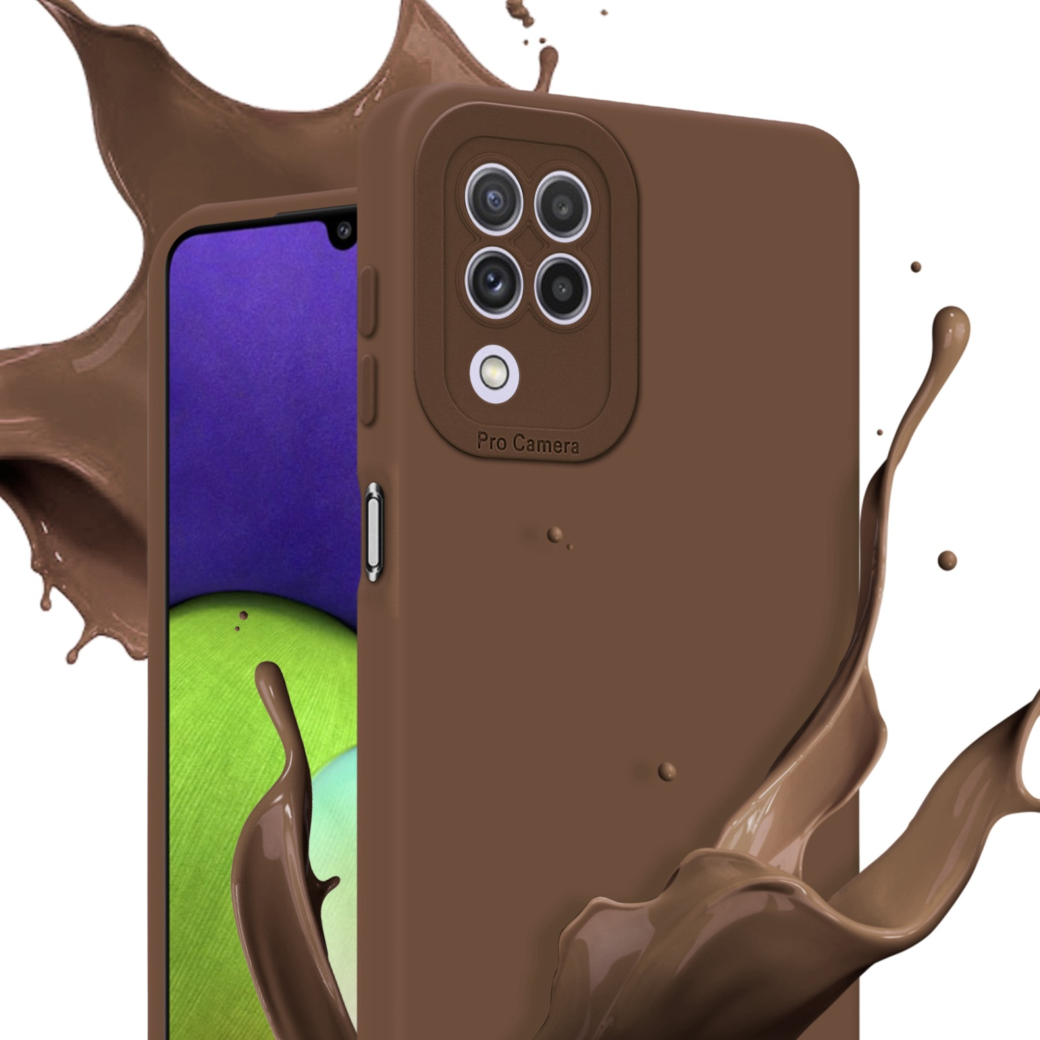 Custodia marrone per telefono con modulo fotocamera, spruzzi di vernice marrone e schermo del telefono.