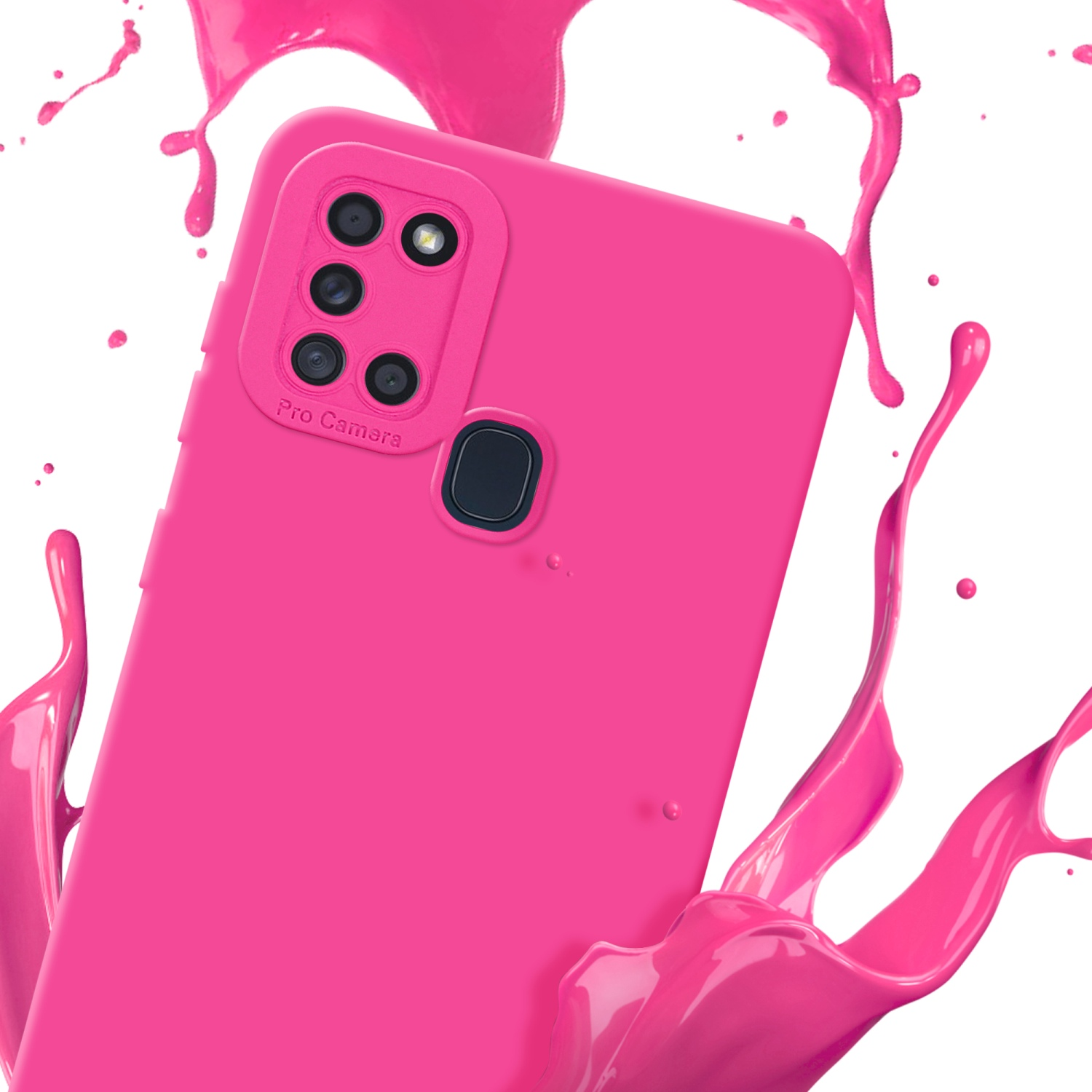 Coque rose avec éclaboussure de peinture, gros plan. Effet d'éclaboussure rose en fond.