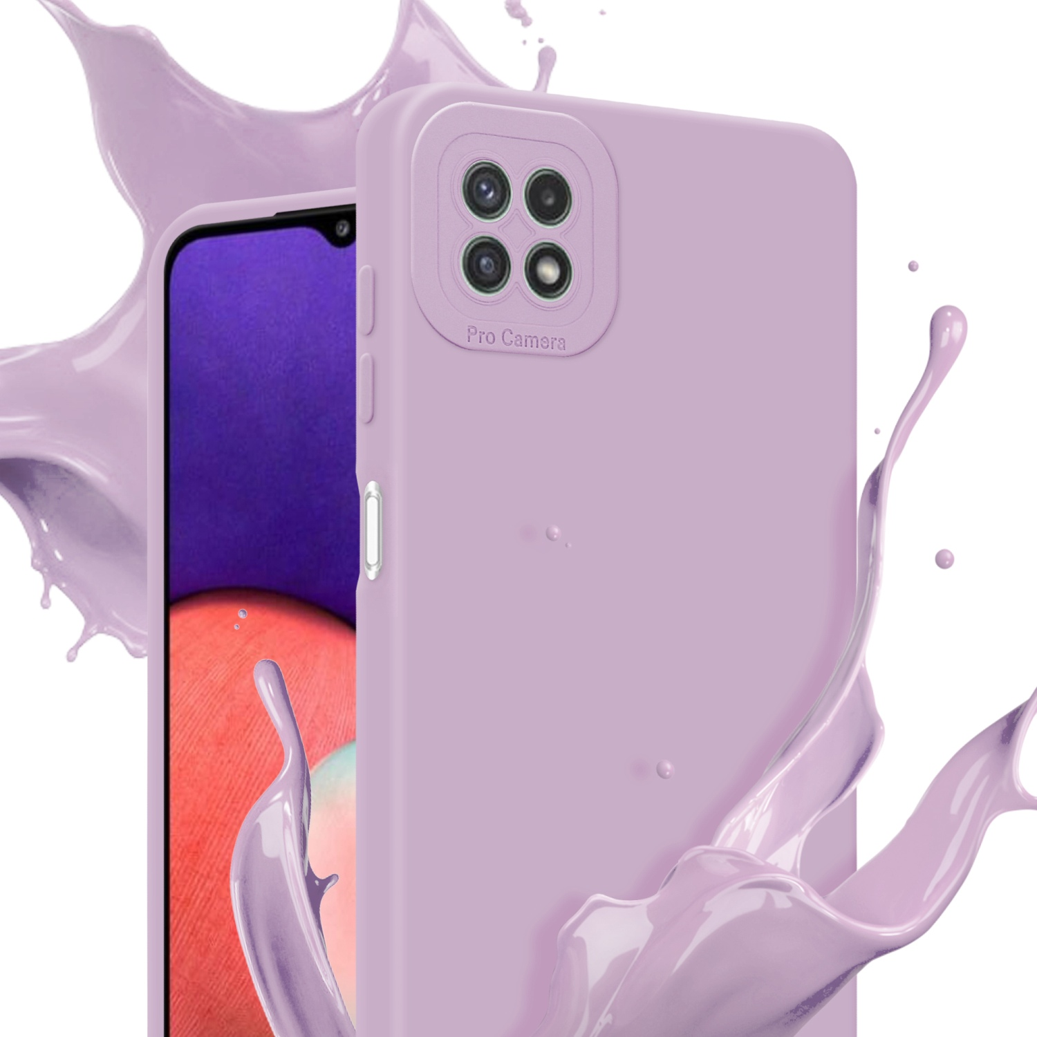 Une coque de téléphone violet clair avec une découpe de caméra et des éclaboussures de peinture violette.