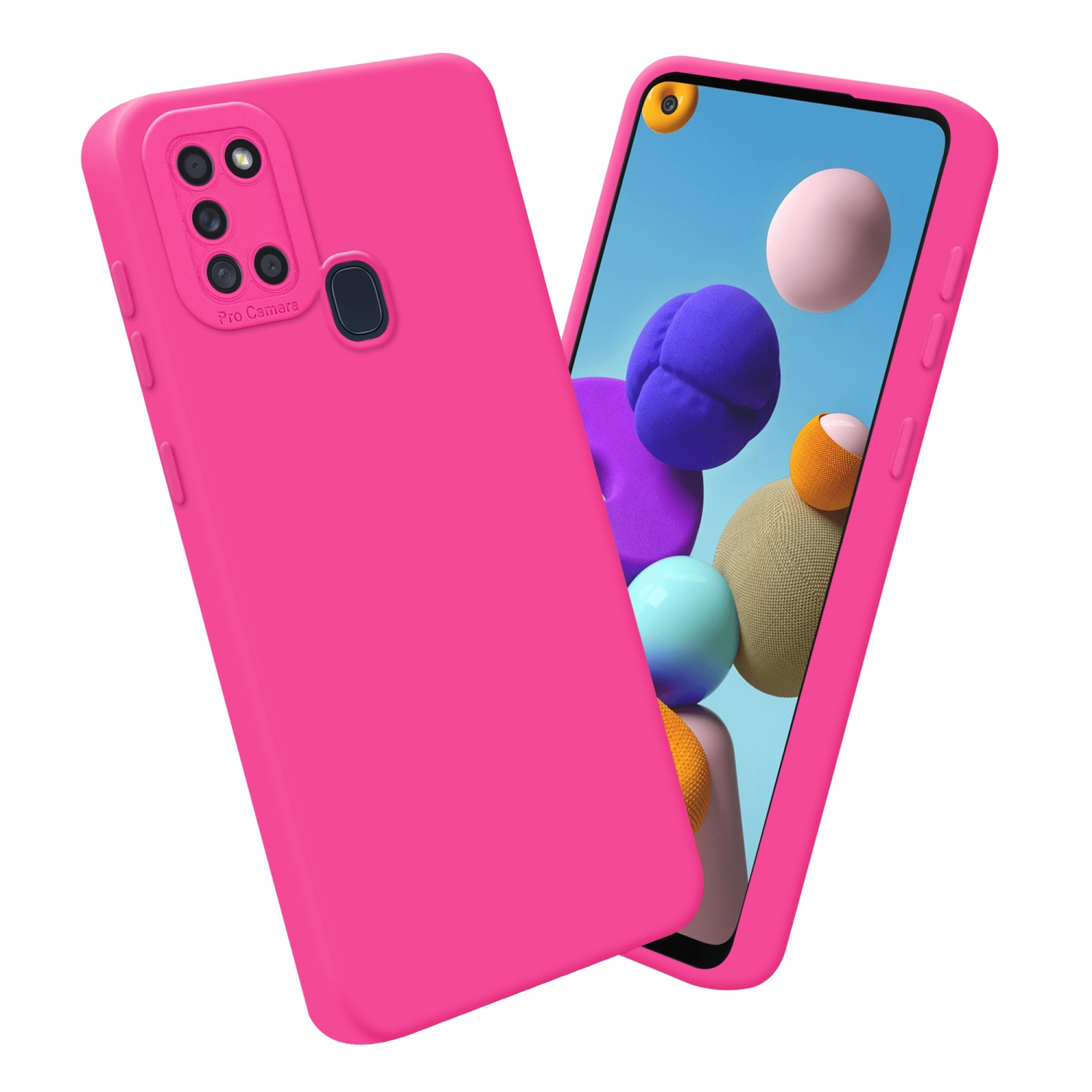 Une coque de téléphone rose vif avec un écran de téléphone affichant un arrière-plan coloré.