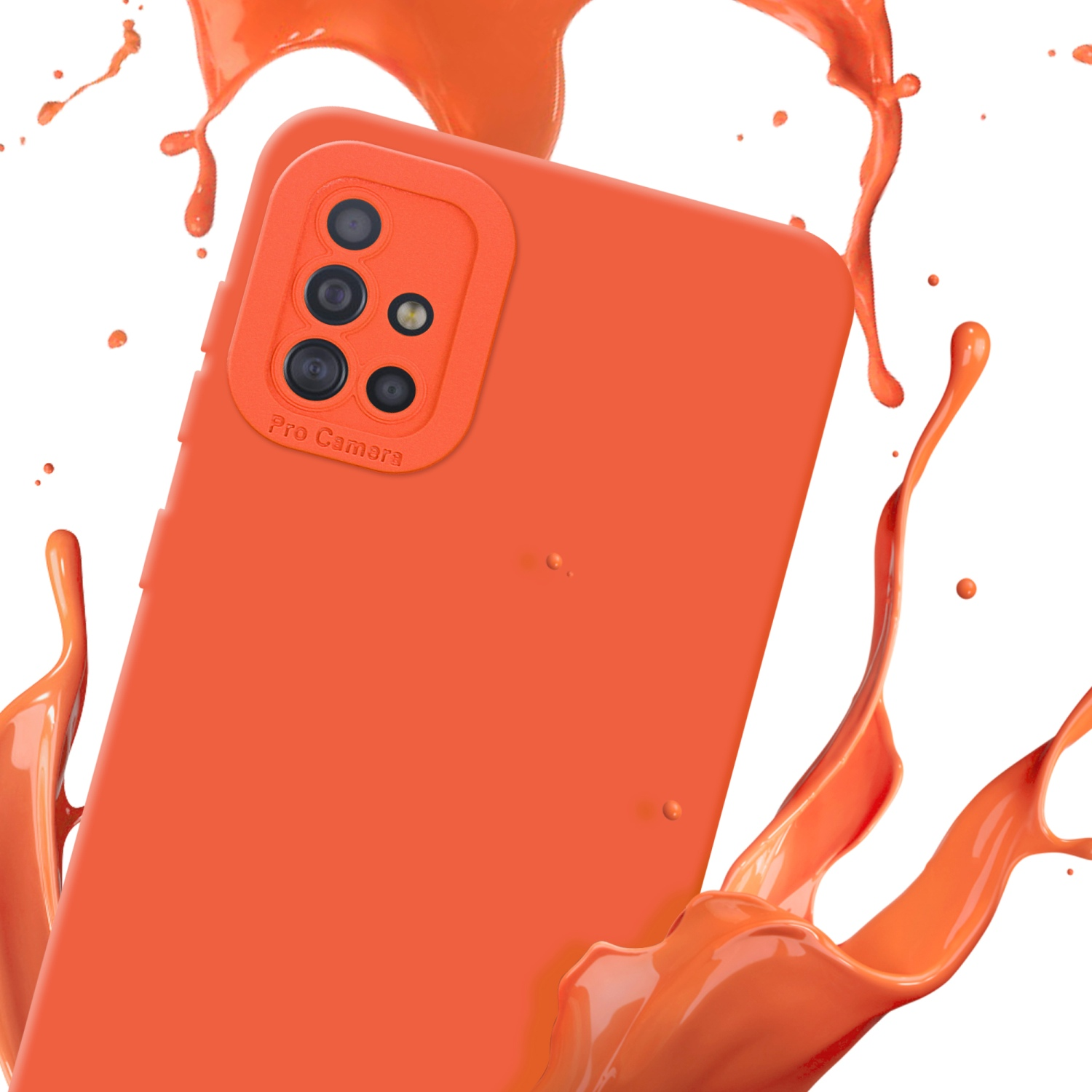 Coque de téléphone orange avec bosse de caméra. Éclaboussures de liquide orange sur fond blanc.