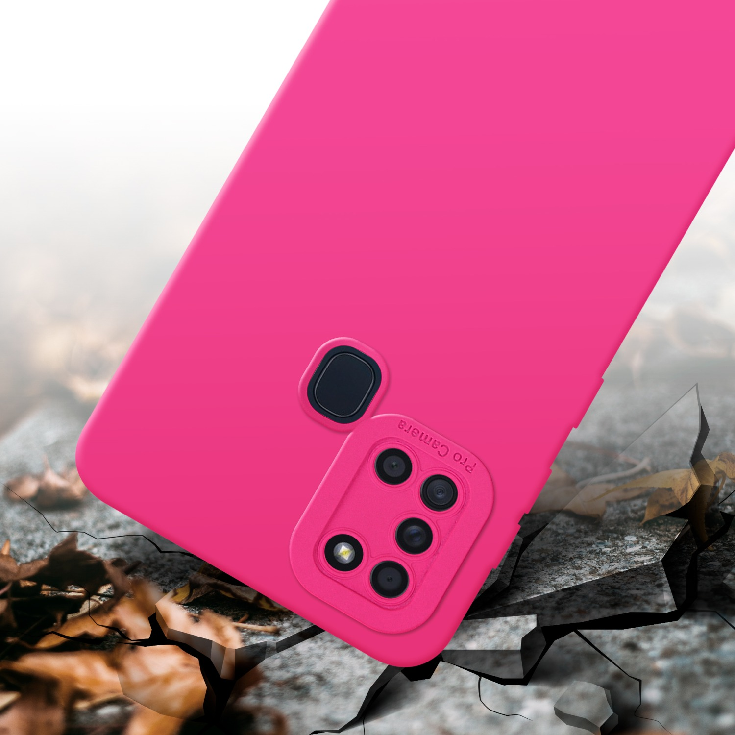 Une coque de téléphone rose avec un téléphone et un effet de sol cassé.