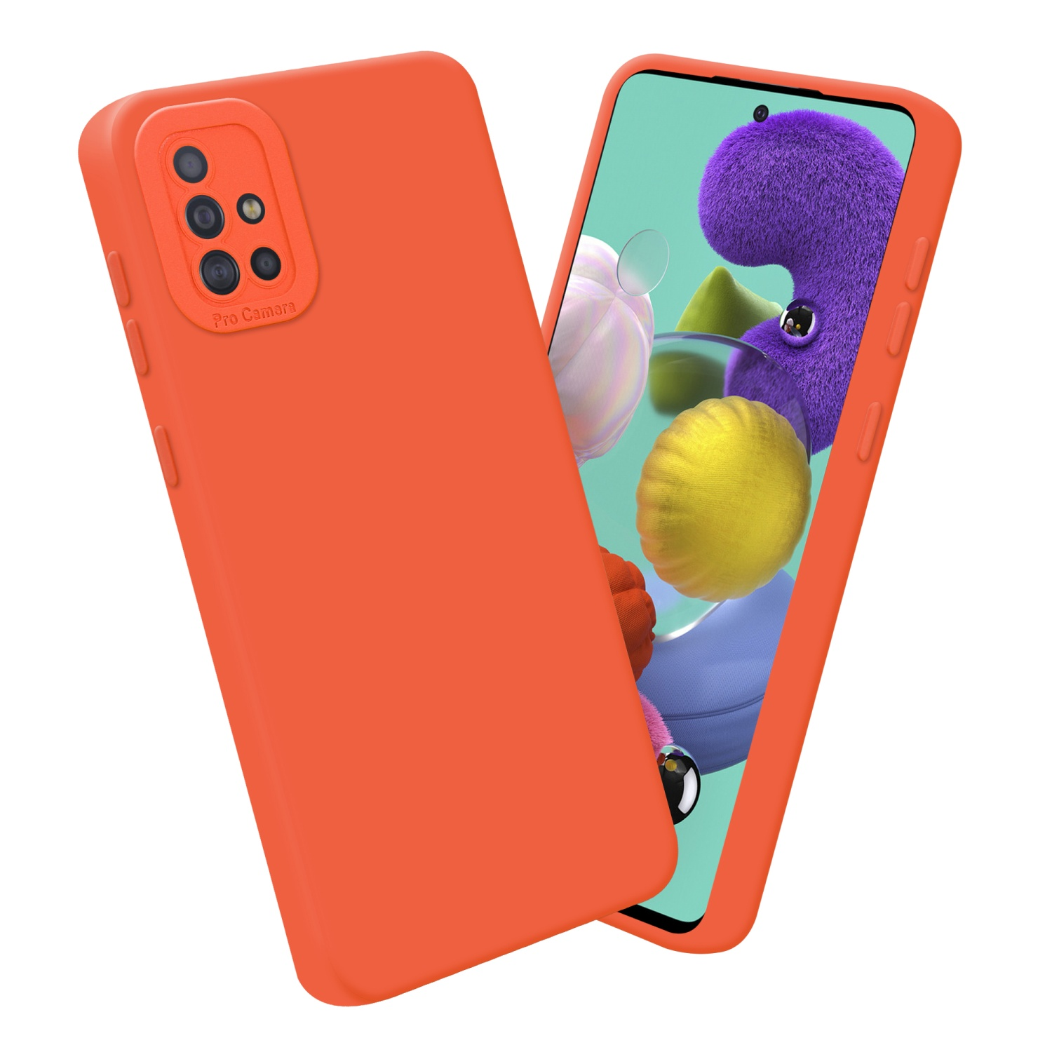 Coque de téléphone orange et téléphone affichant un écran avec une image violette et jaune.