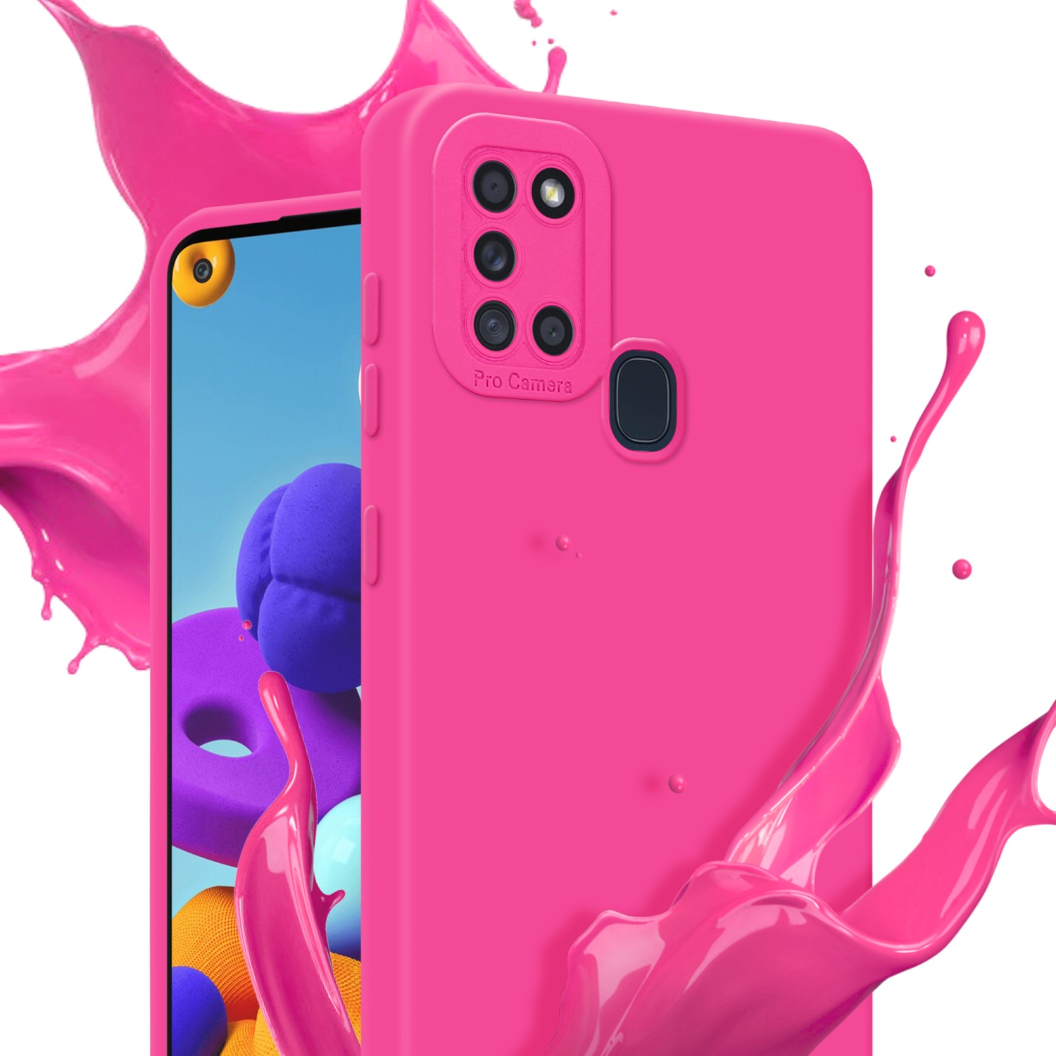 Coque de téléphone rose avec éclaboussures de liquide rose. L'écran a un design.