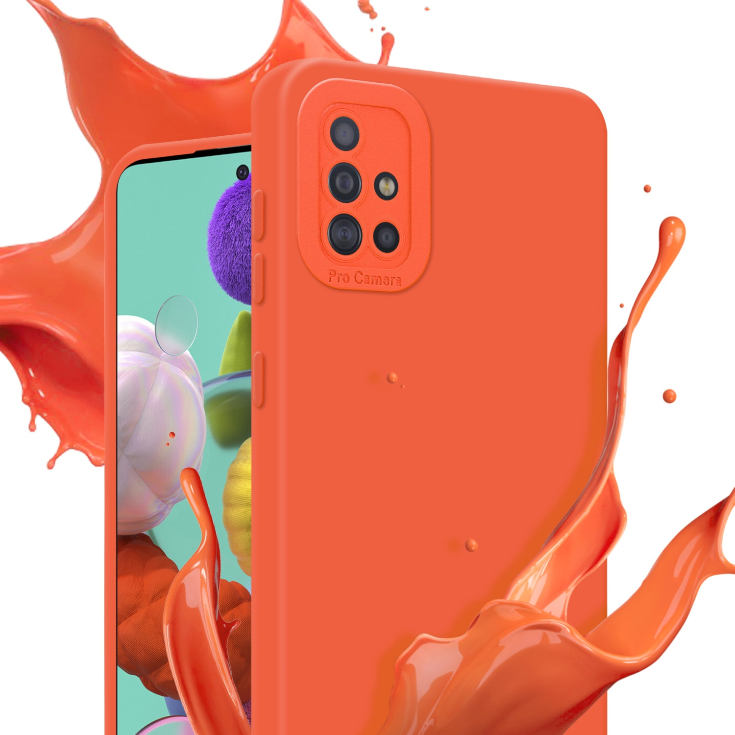 Coque de téléphone orange avec téléphone, éclaboussures de liquide orange. Fond blanc.