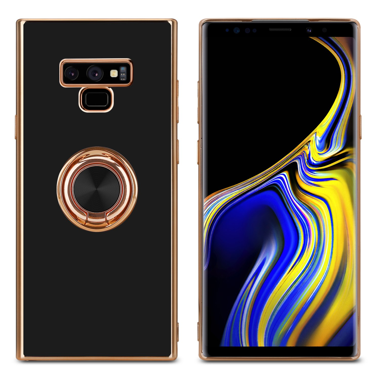 Due custodie per telefono, una nera con un anello dorato e una nera con un design blu e giallo.