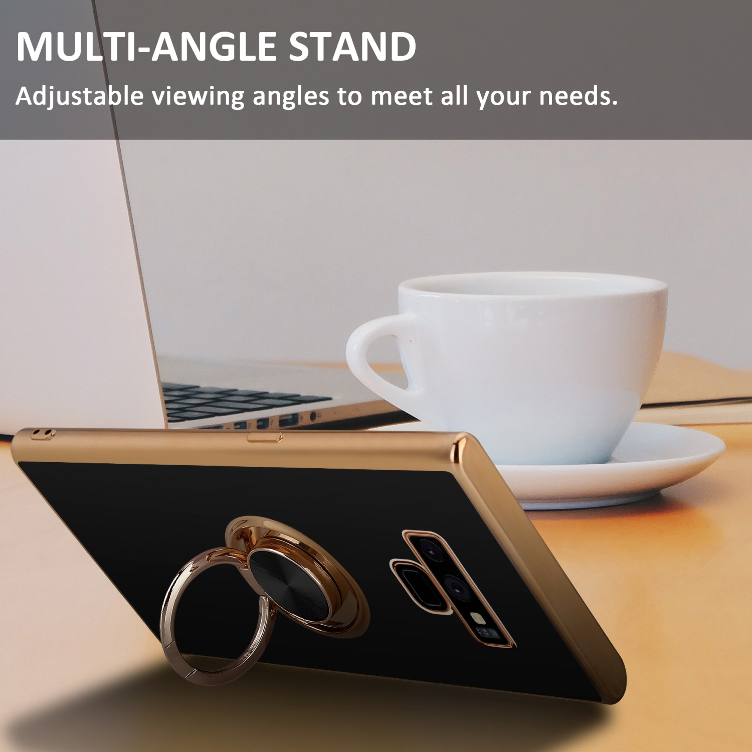 Telefono con supporto ad anello dorato. Tazza bianca, laptop e scrivania sullo sfondo.