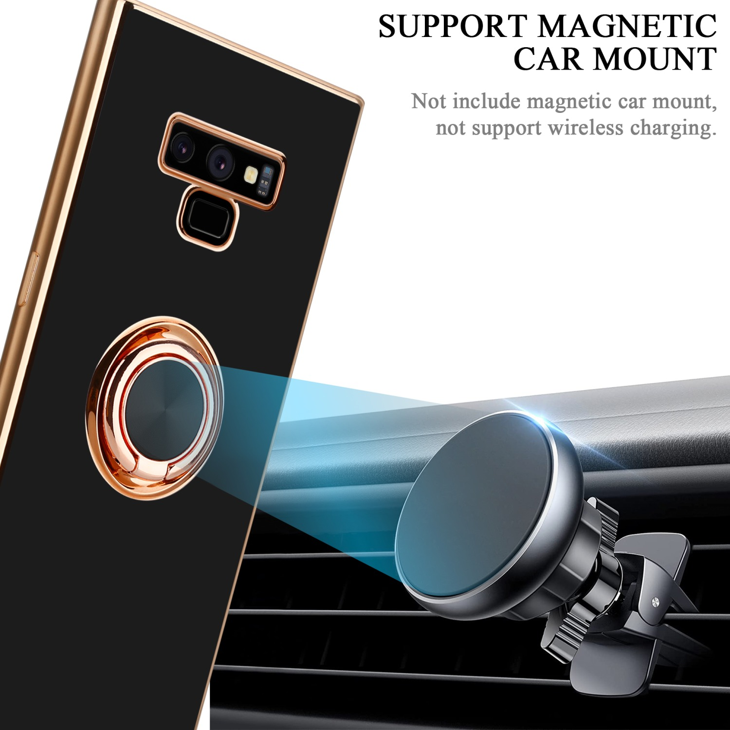Una custodia nera con anello dorato e supporto magnetico per auto, su sfondo bianco.