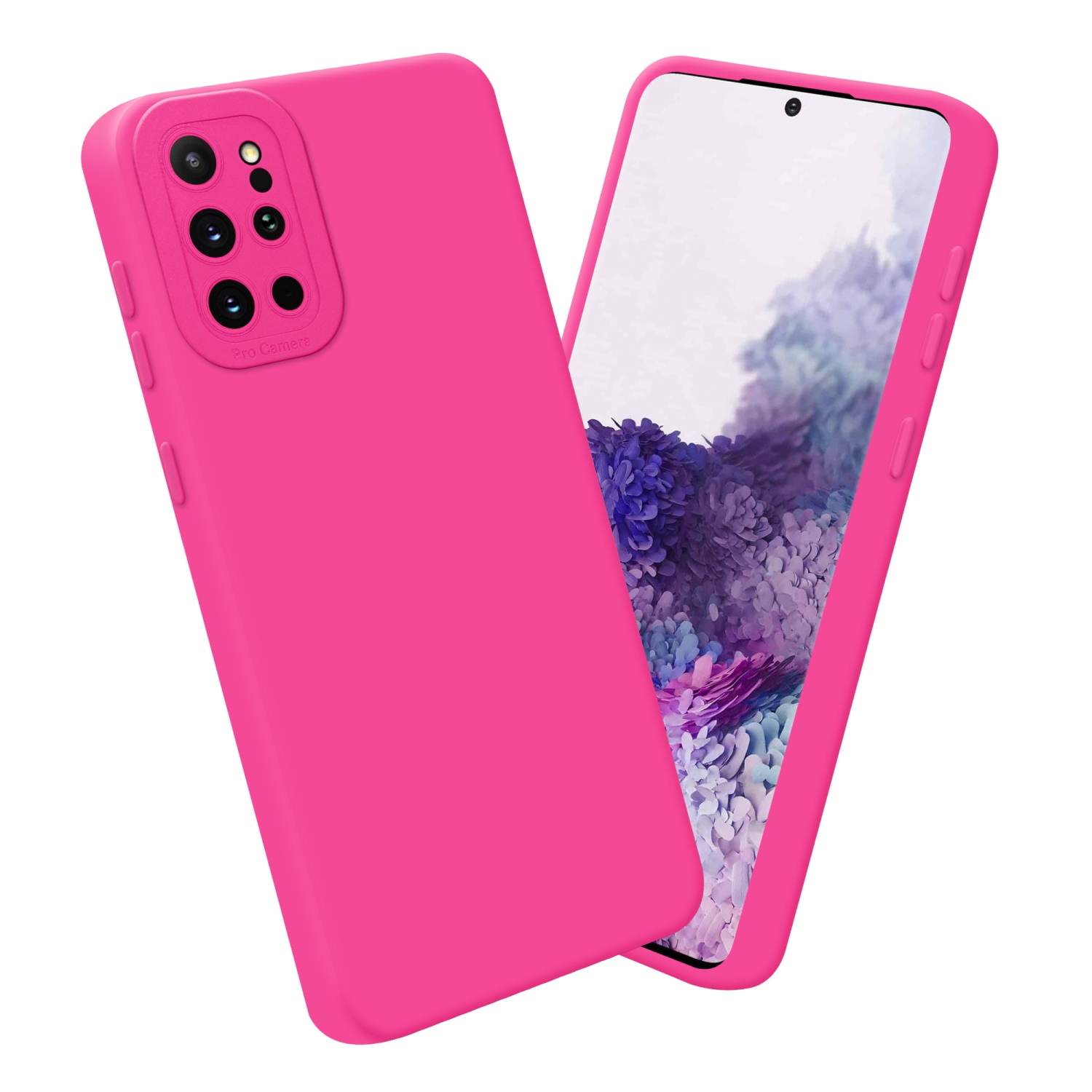 Coque de téléphone rose. Le téléphone est dans l'étui, montrant l'arrière avec le module caméra.