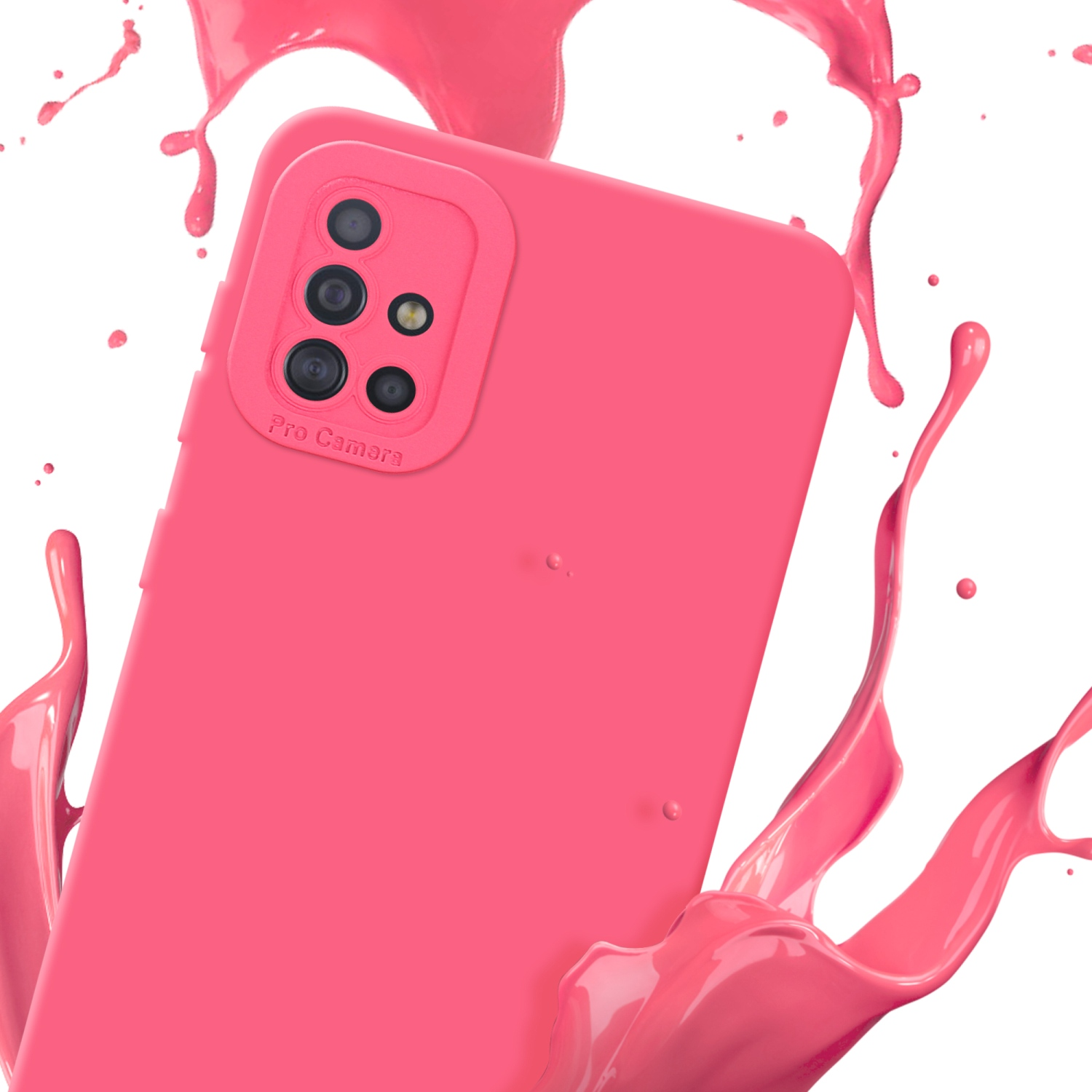 Coque de téléphone rose avec éclaboussure de peinture rose et fond blanc, trois caméras visibles.
