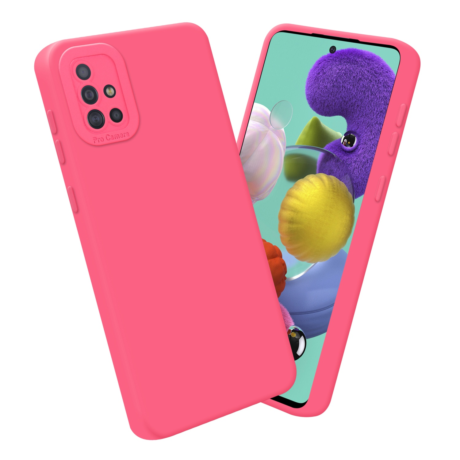 Coque de téléphone rose et un téléphone affichant un écran avec une texture de fourrure violette.