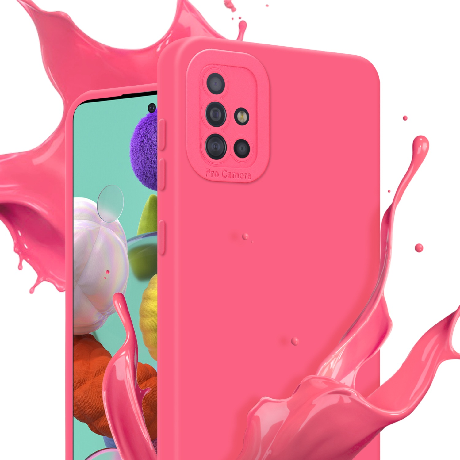 Coque de téléphone rose avec appareil photo, deux coques et effet d'éclaboussure de peinture rose sur fond blanc.