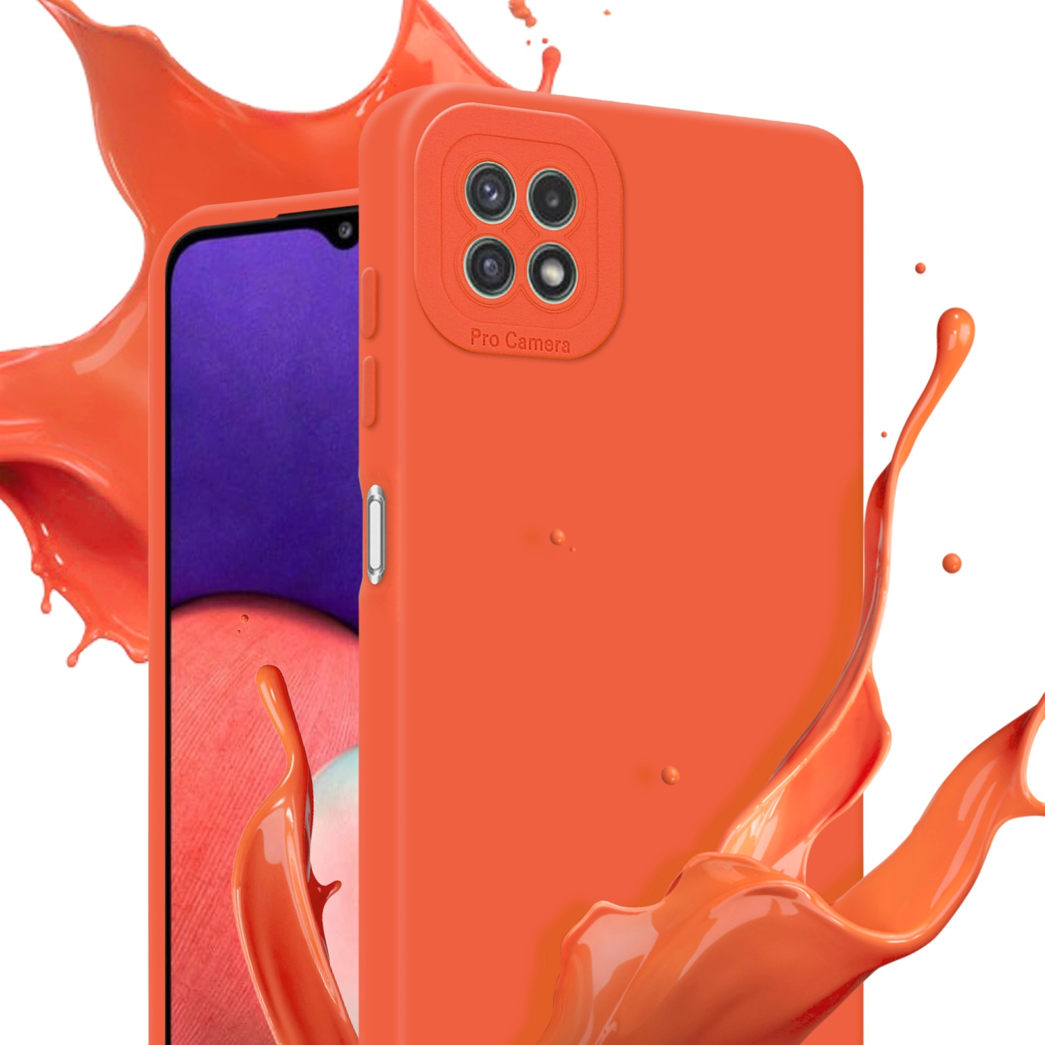 Coque de téléphone orange avec écran de téléphone et éclaboussures de peinture orange, fond blanc.