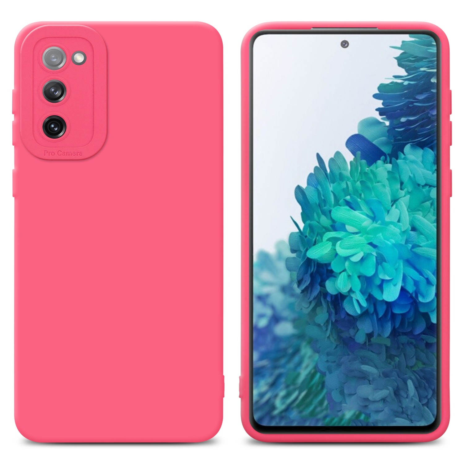Custodia rosa accanto a un telefono. Il telefono è a destra.