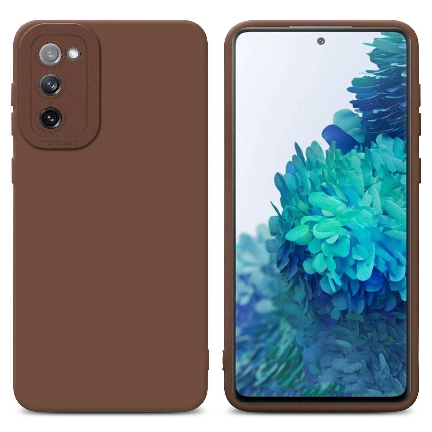 Custodia marrone per telefono con fori per fotocamera. Schermo del telefono visibile. Sfondo bianco.