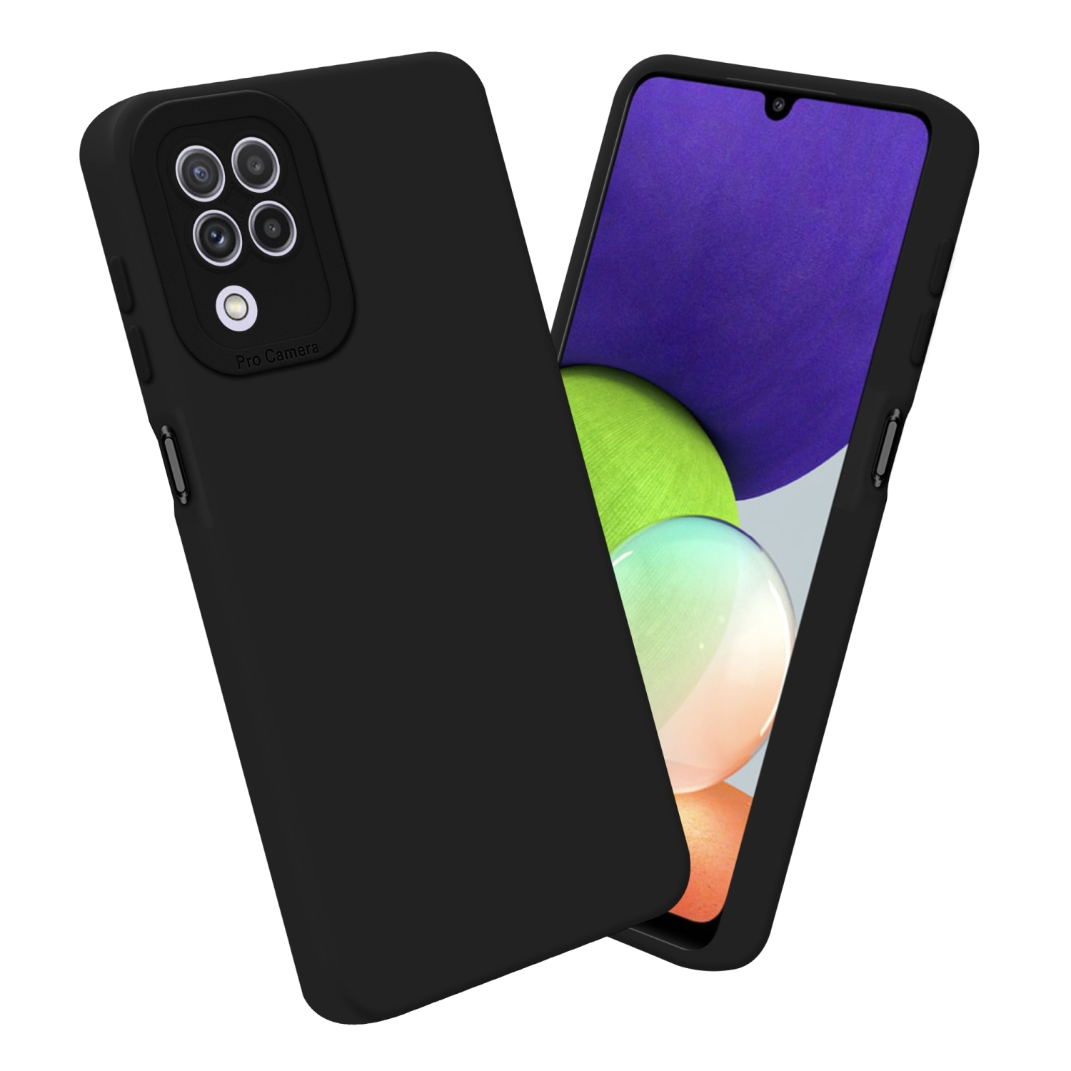 Custodia nera con smartphone. Sfondo bianco. Custodia a sinistra.