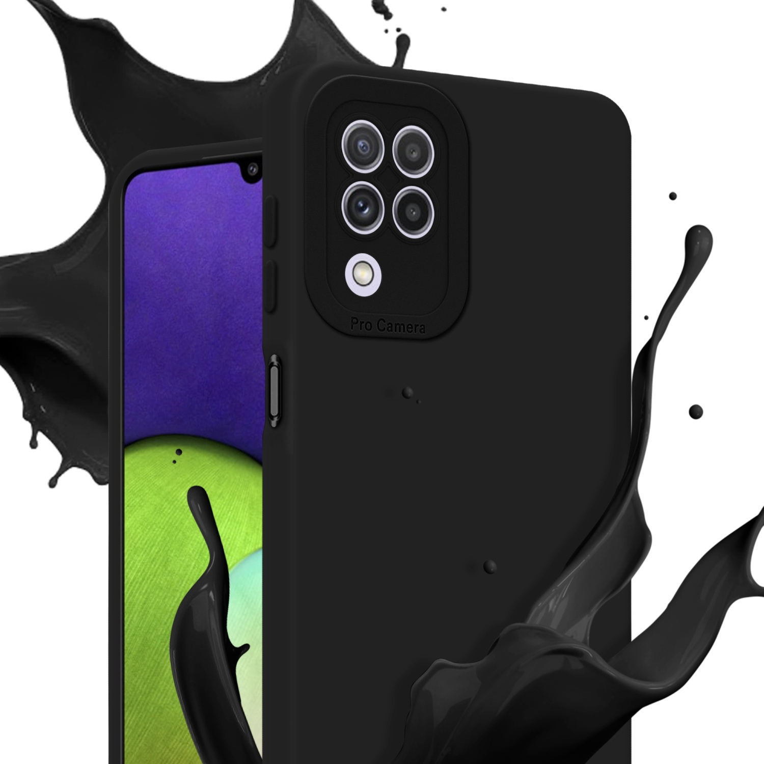 Custodia nera con spruzzo nero, che copre lo schermo del telefono. Ritaglio per la fotocamera.