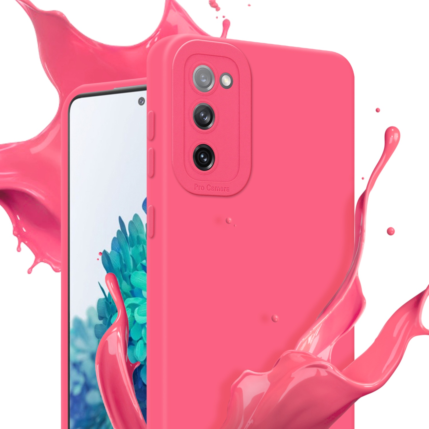 Custodia rosa. Spruzzi rosa sullo sfondo. Il telefono ha uno schermo bianco.