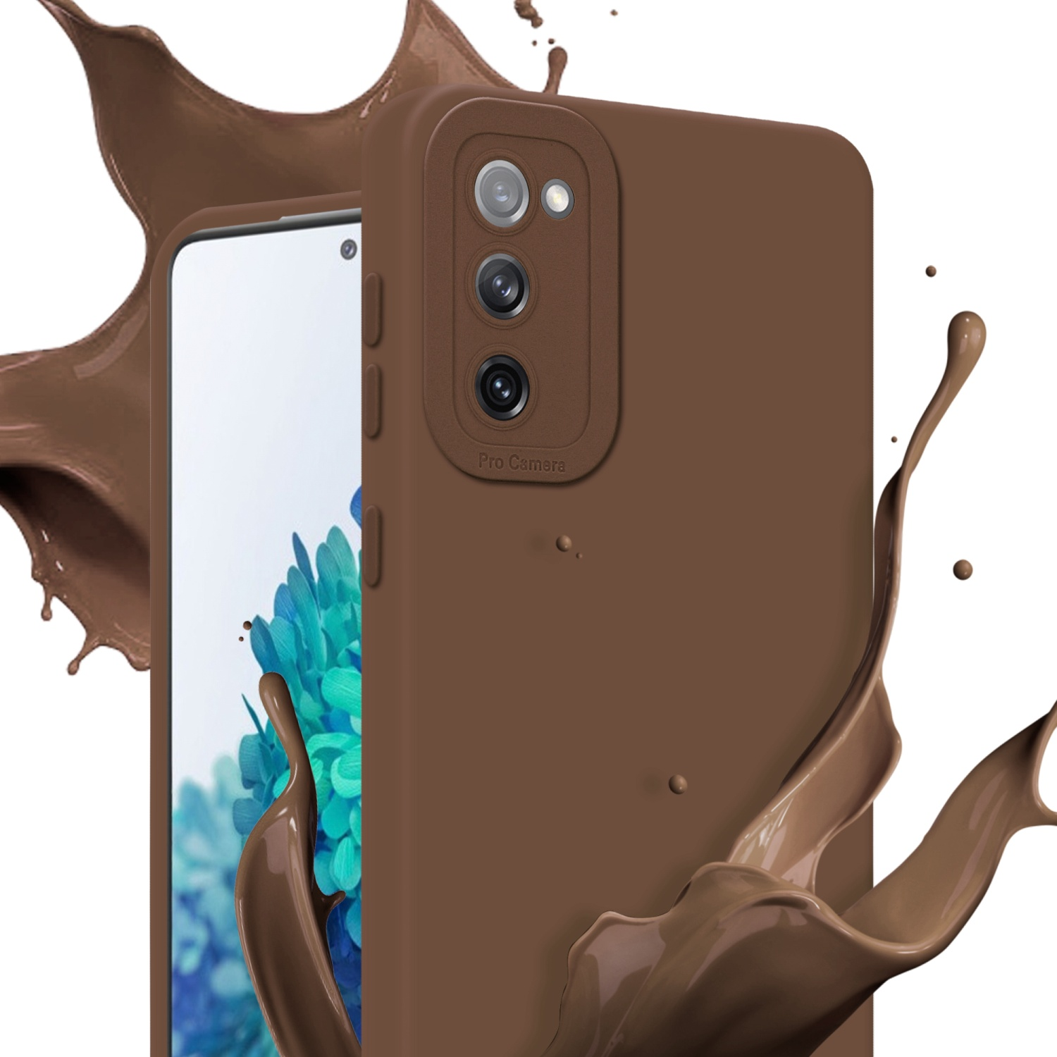Una custodia marrone con spruzzi di cioccolato e un telefono che mostra uno schermo blu.