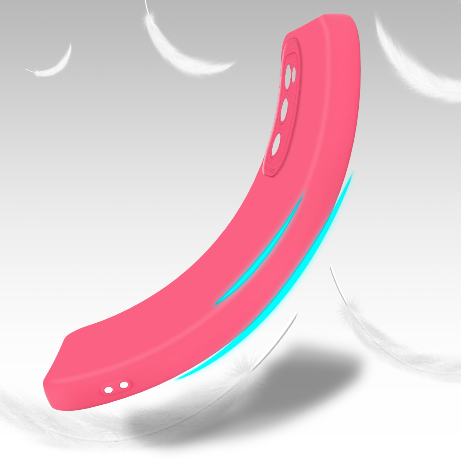 Custodia per telefono rosa, design curvo, con piume bianche che fluttuano intorno, su sfondo chiaro.