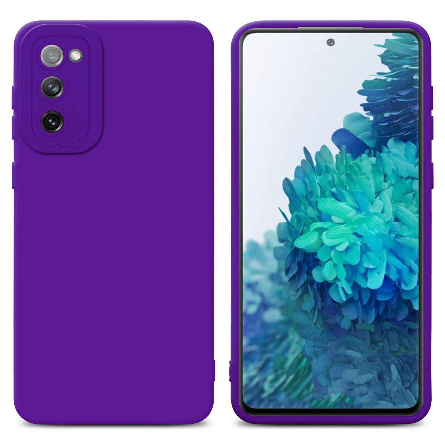 Custodia per telefono viola a sinistra. Telefono con sfondo floreale a destra.