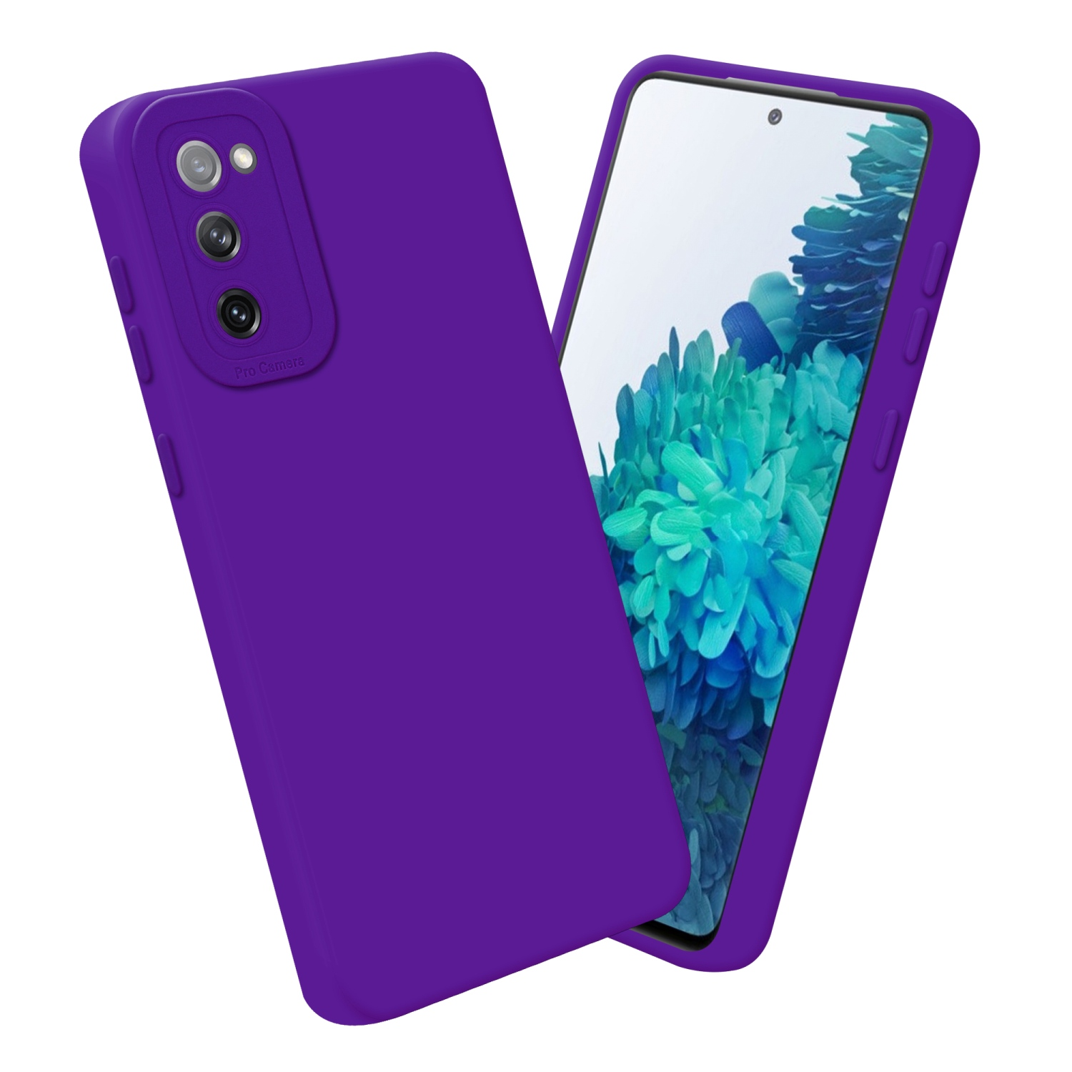 Custodia per telefono viola con lenti della fotocamera, un telefono con display floreale blu, su sfondo bianco.
