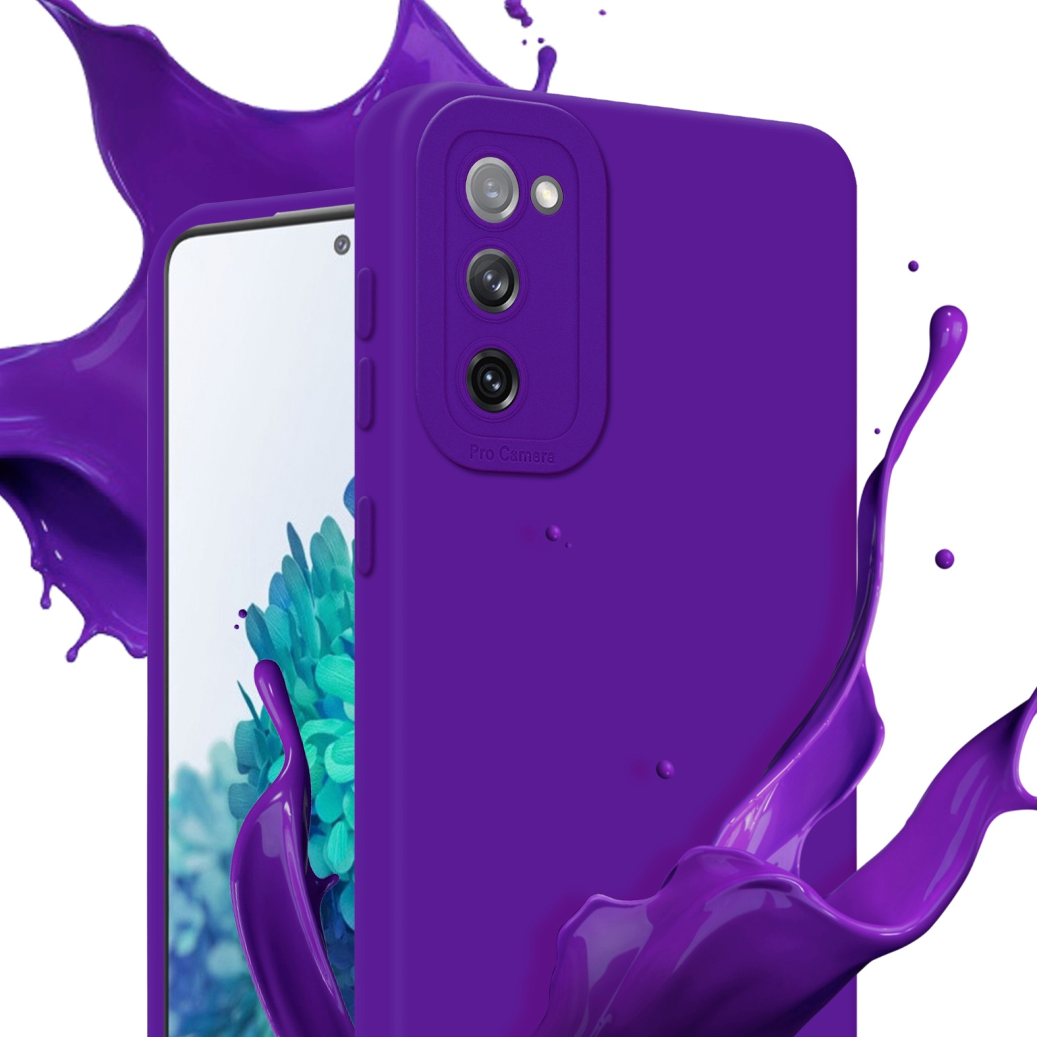 Custodia viola con schermo del telefono. Schizzo di liquido viola attorno al telefono.